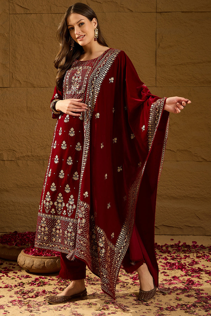 Ahika Maroon Velvet Ethnic Motifs Printed Straight Trousers Suit Set PKSKD2881 - view 3