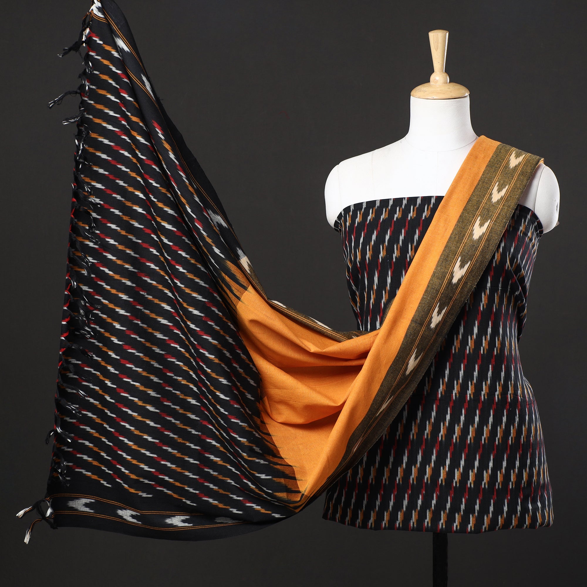 SOUTH KARGHA Black - 3pc Pochampally Ikat Weave Cotton Suit Material Set