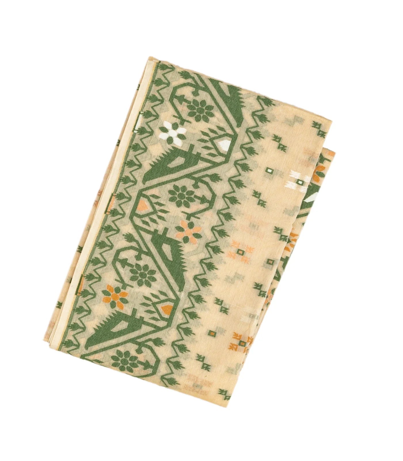 RmKV Cream Bengal Cotton Saree With Square & Floral Motifs