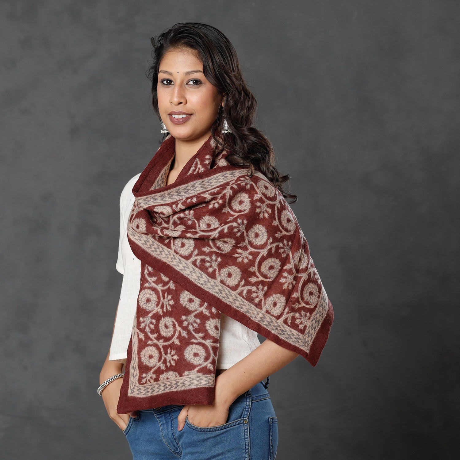BAGH PRINTS BY MOHAMMED BILAL KHATRI Brown - Bagh Block Printed Natural Dyed Woolen Muffler (61 in) - view 2