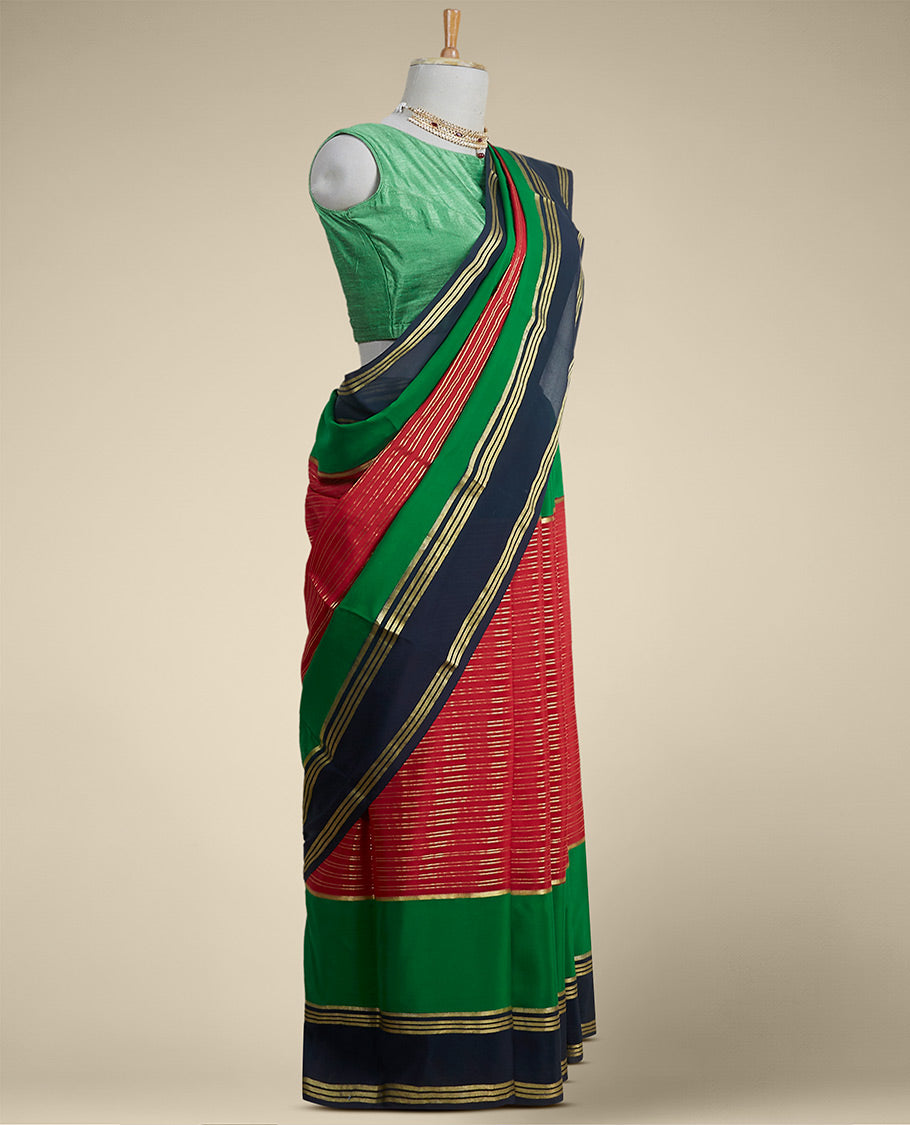 Pothys Pink striped mysore silk saree with contrast striped border - view 2