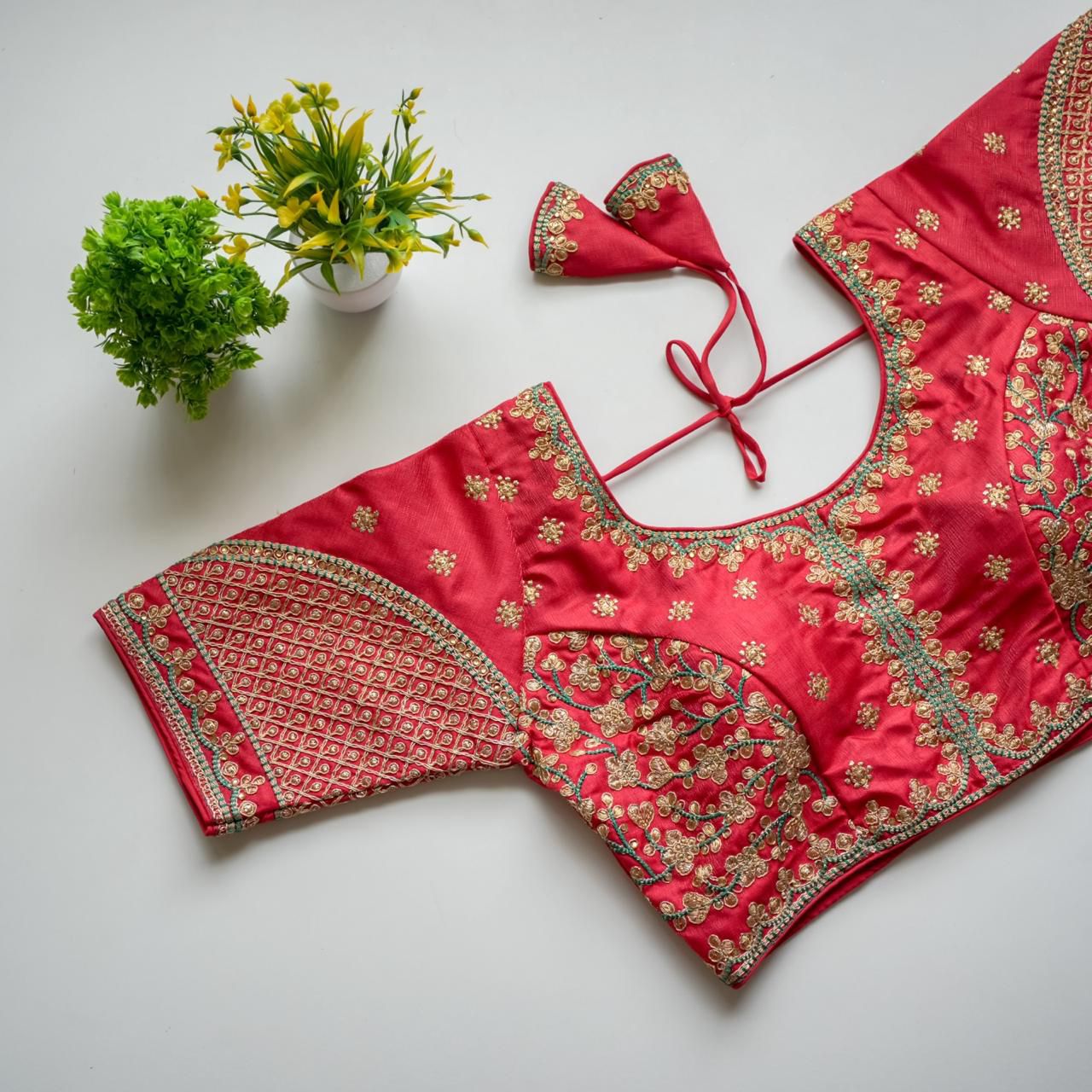 ClothsVilla Red Mulmul Silk Blouse with Golden Embroidery and Sequins