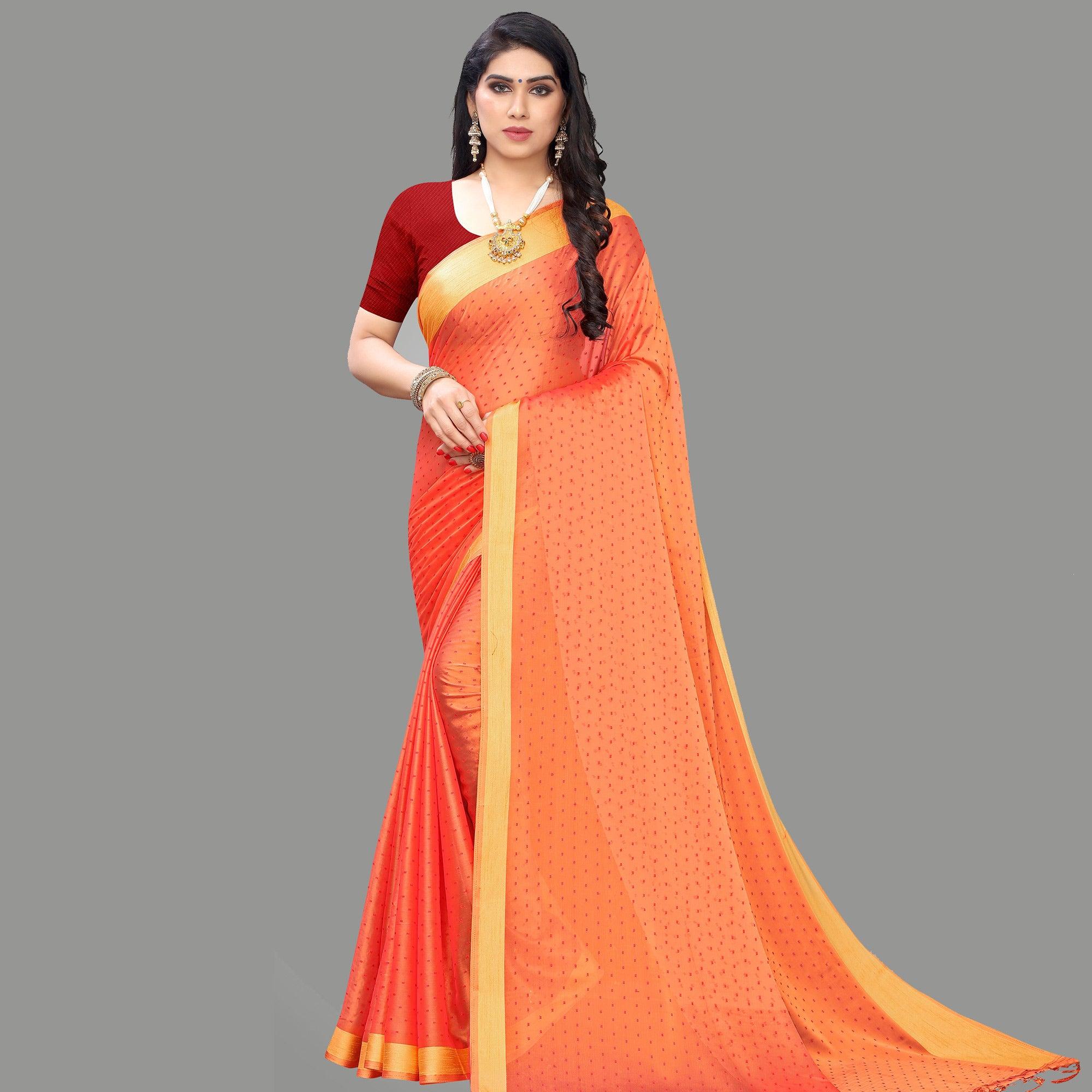 Peachmode Imposing Peach Colored Party Wear Printed Poly Georgette Saree With Tassels