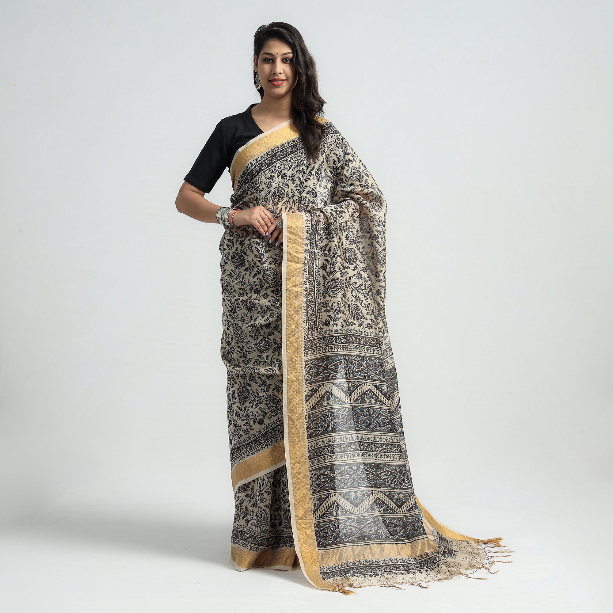 VENKATA BHANU KALAMKARI PEDANA Black - Original Pedana Kalamkari Block Print Silk Saree