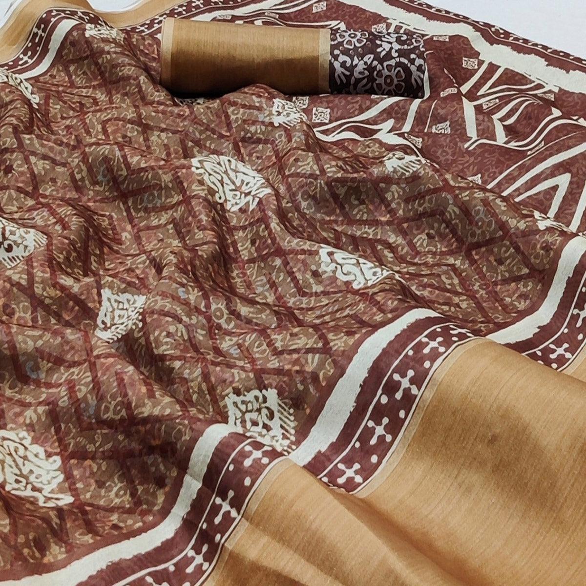 Peachmode Brown Casual Wear Digital Printed Silk Saree With Zari Jacquard Border - view 3