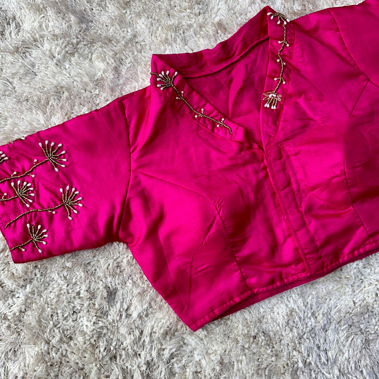 ClothsVilla Pink Pista Silk Blouse with Handwork and Designer Handcrafted Collar