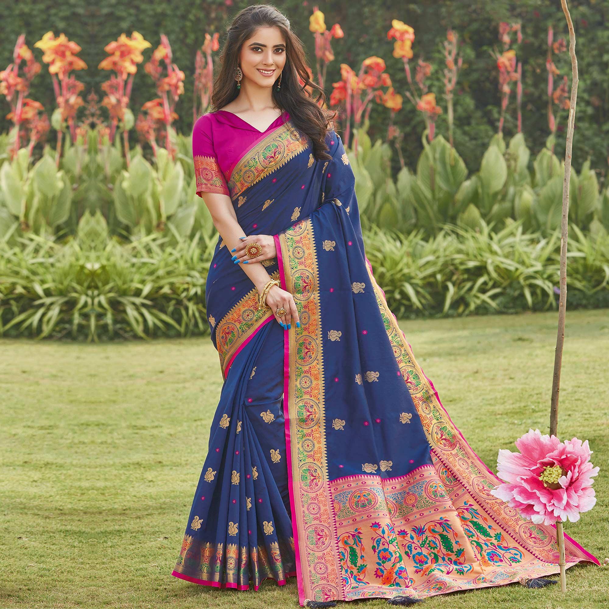 Peachmode Jazzy Navy Blue Coloured Partywear Woven Silk Saree