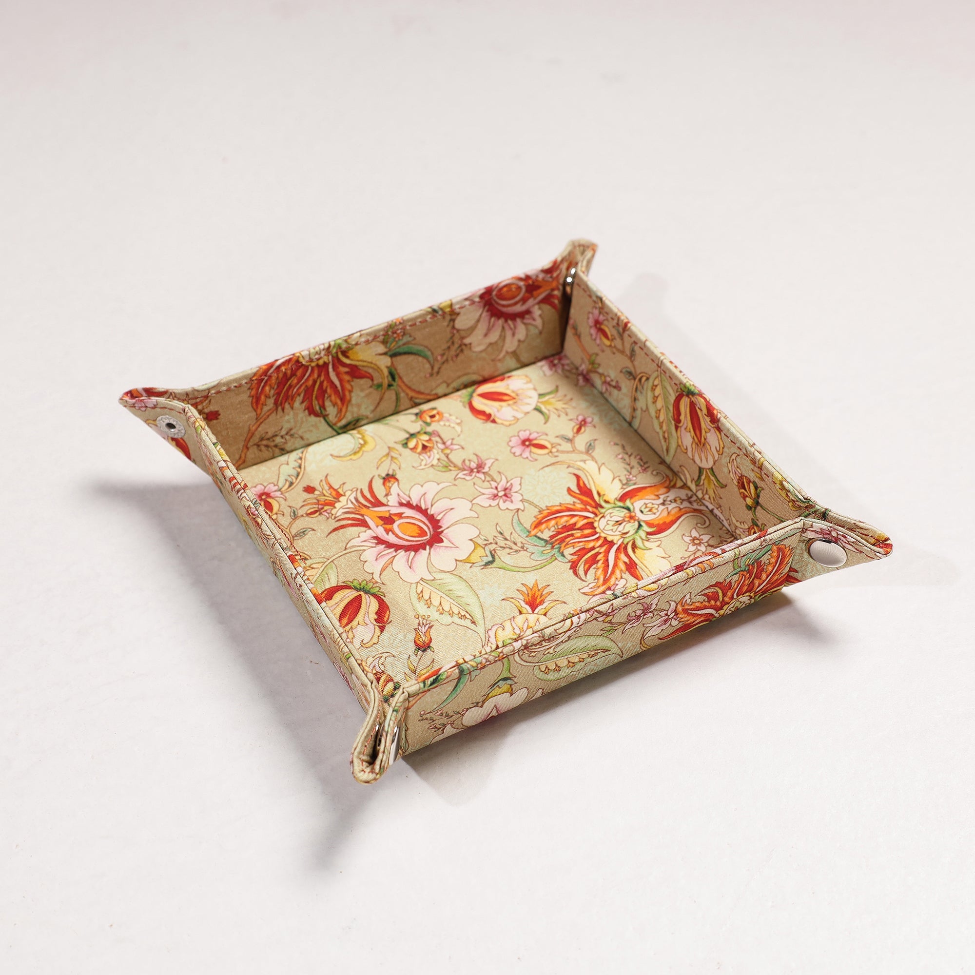 SUKRITI INPRINT Beige - Floral Printed Handcrafted Basket / Valet Tray (6 x 6 in)