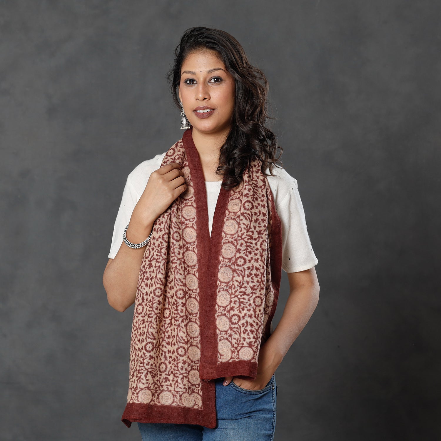 BAGH PRINTS BY MOHAMMED BILAL KHATRI Brown - Bagh Block Printed Natural Dyed Woolen Muffler (61 in)