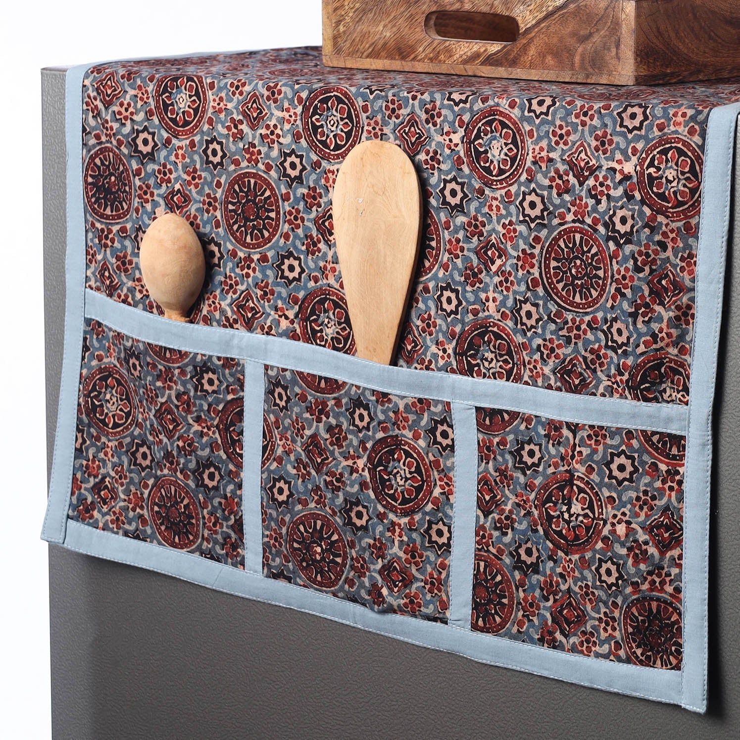 JALPARI Ajrakh Block Printed Cotton Fridge Top Cover with Multiple Pockets - view 2