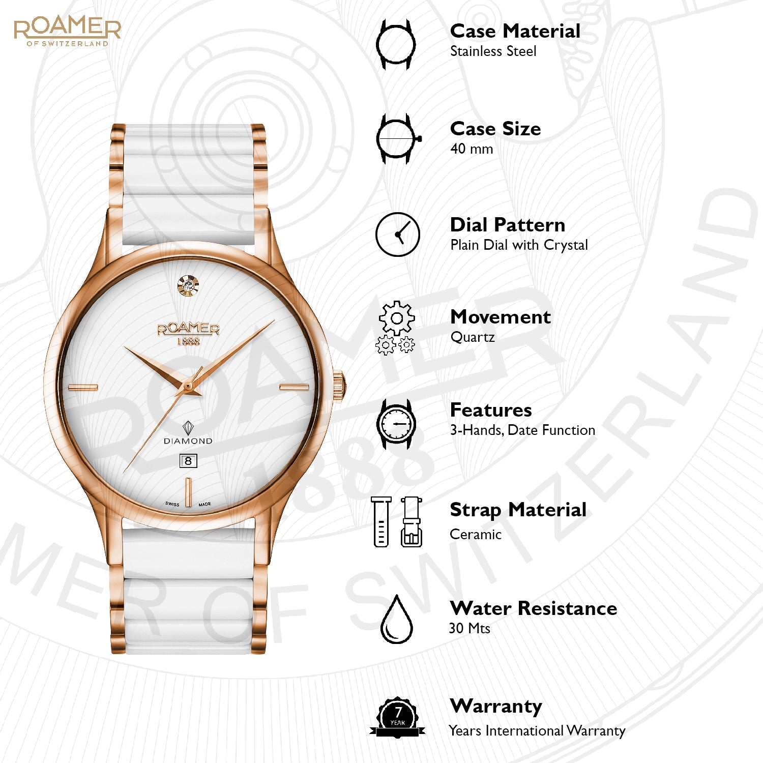 Roamer C-Line Men Quartz White Dial Analog Ceramic Watch 657833 49 29 60 - view 2