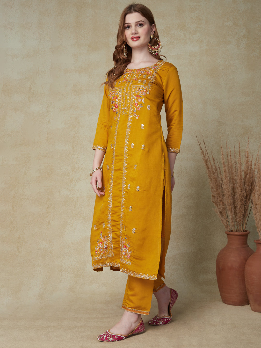 Fashor Solid Mirror, Zari & Resham Embroidered Kurta With Pants & Embroidered Dupatta - Mustard - view 5