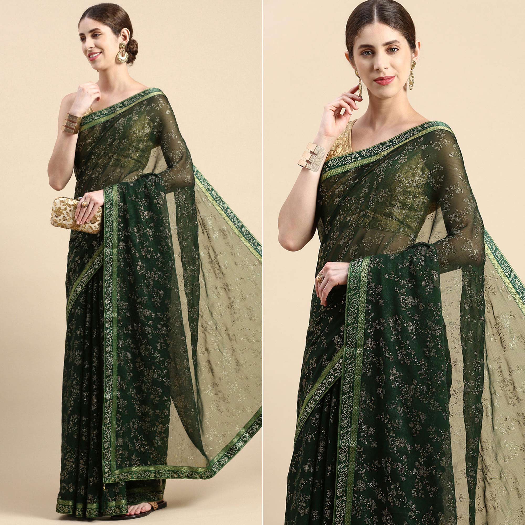 Green sarees – BlackTree green-floral-foil-printed-shimmer-saree