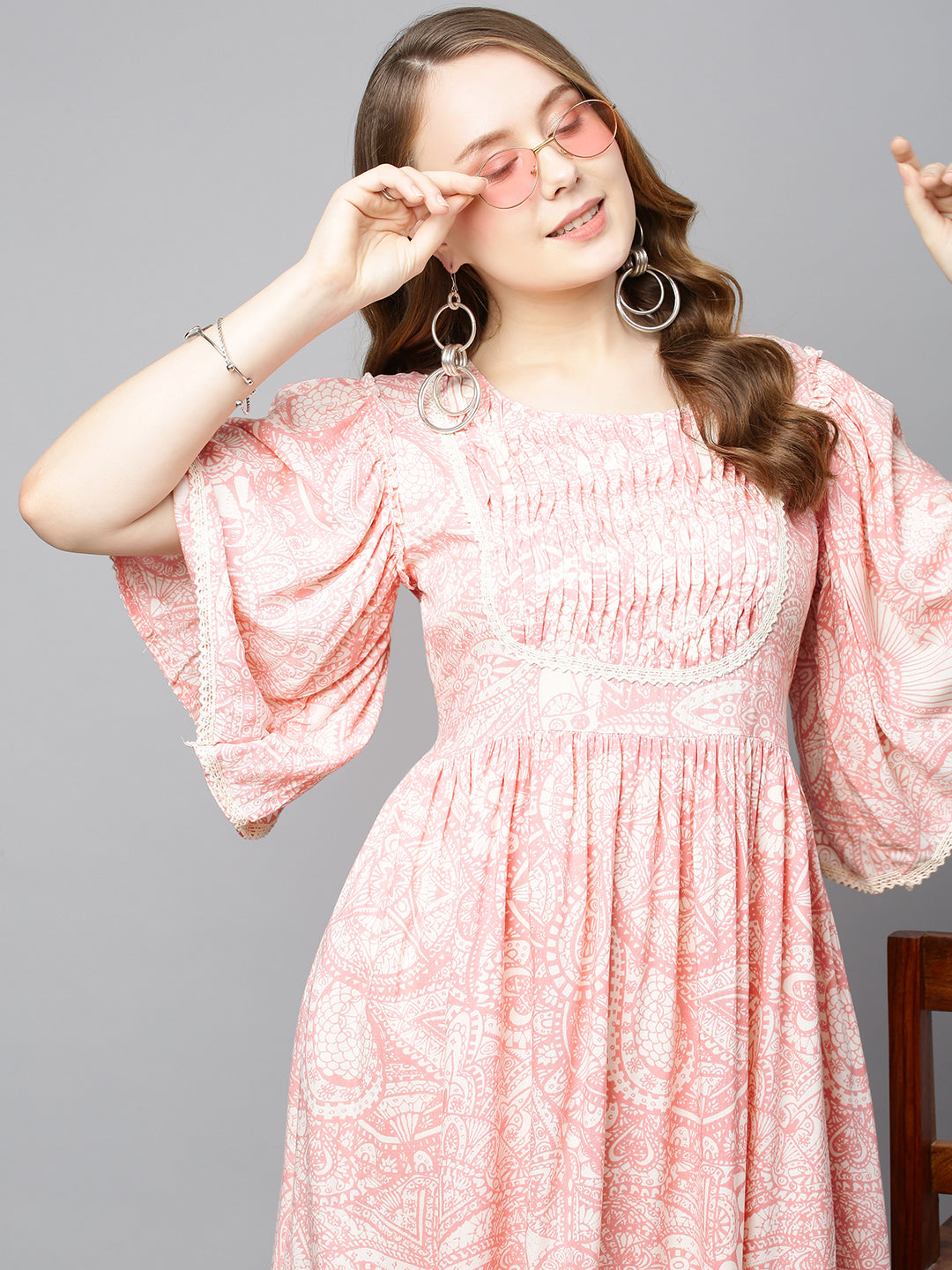 Fashor Ethnic Printed A-Line Flared Midi Dress - Light Pink - view 4