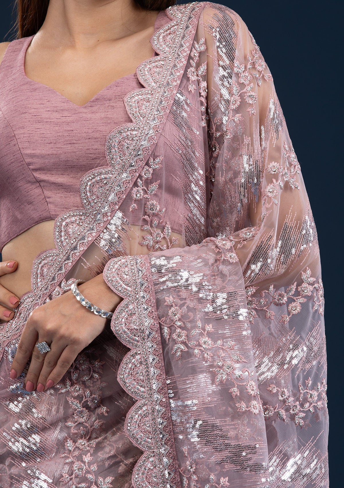 Koskii Onion Pink Sequins Net Saree – Women's - view 7