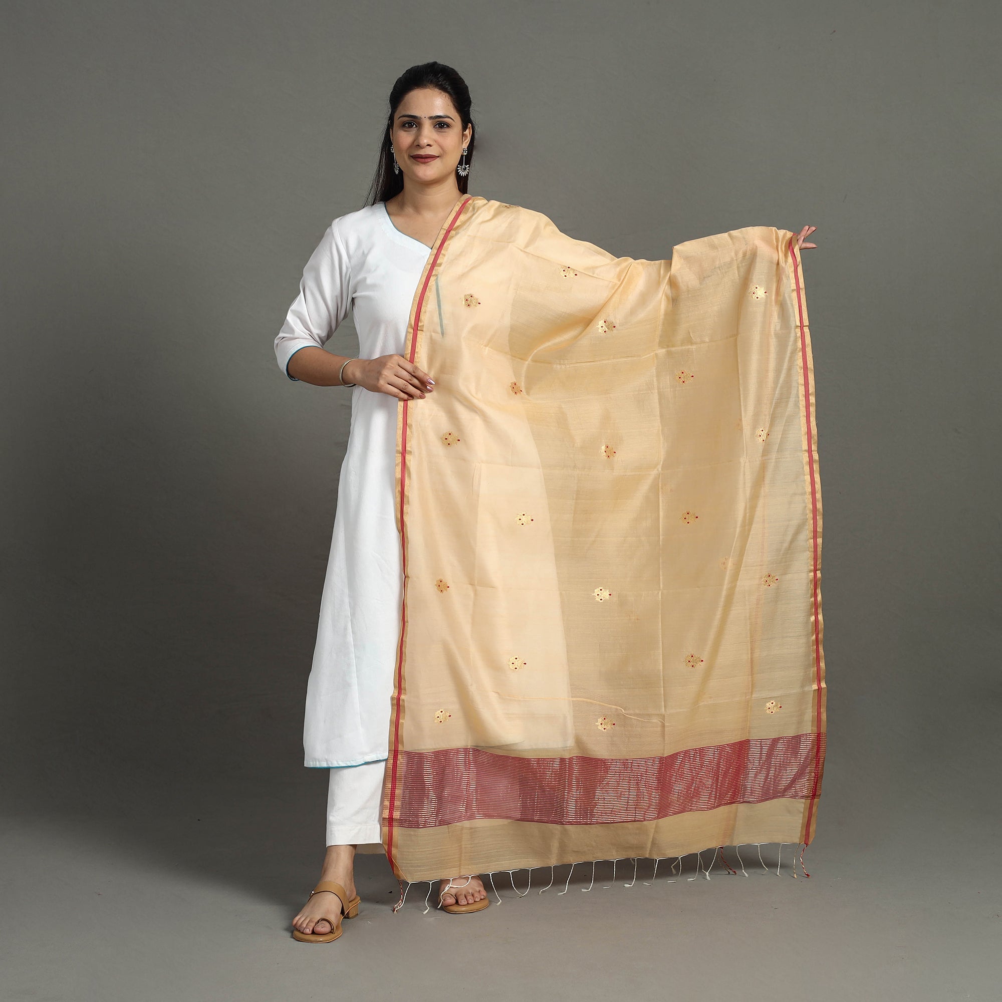 CHANDERI BY RAUPH KHAN Beige - Handloom Silk Cotton Zari Buta Chanderi Dupatta 29