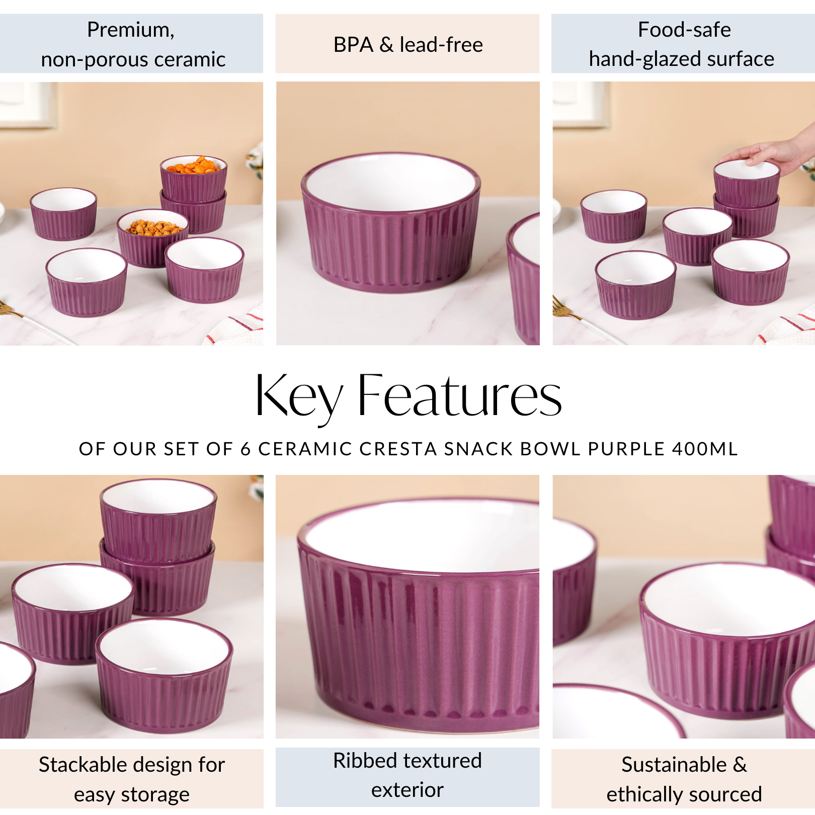Nestasia Set of 6 Ceramic Cresta Snack Bowl Purple 400ml - view 5