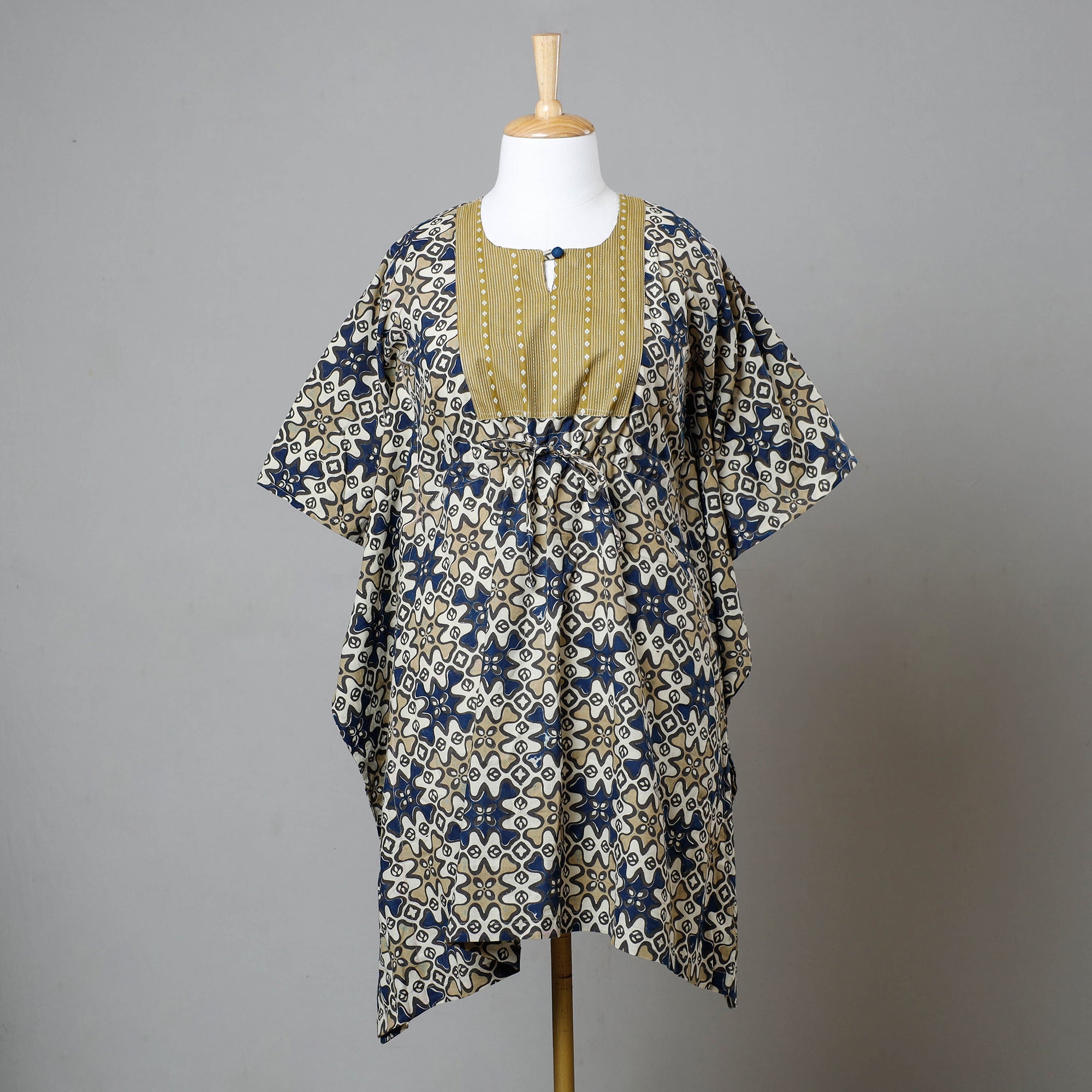 ITOKRI CASUALS Beige - Ajrakh Block Printed Cotton Kaftan with Tie-Up Waist (Medium)