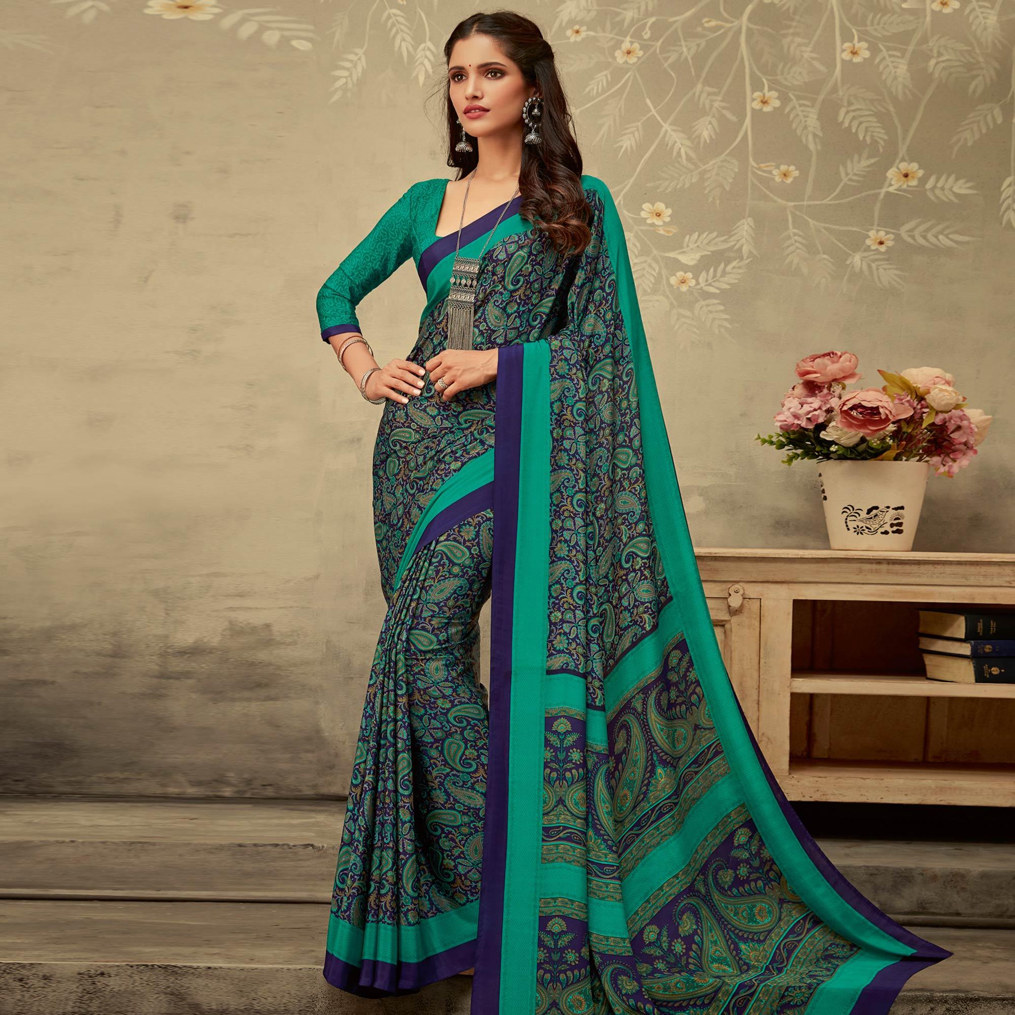 Peachmode Lovely Blue Colored Partywear Printed Crepe Saree