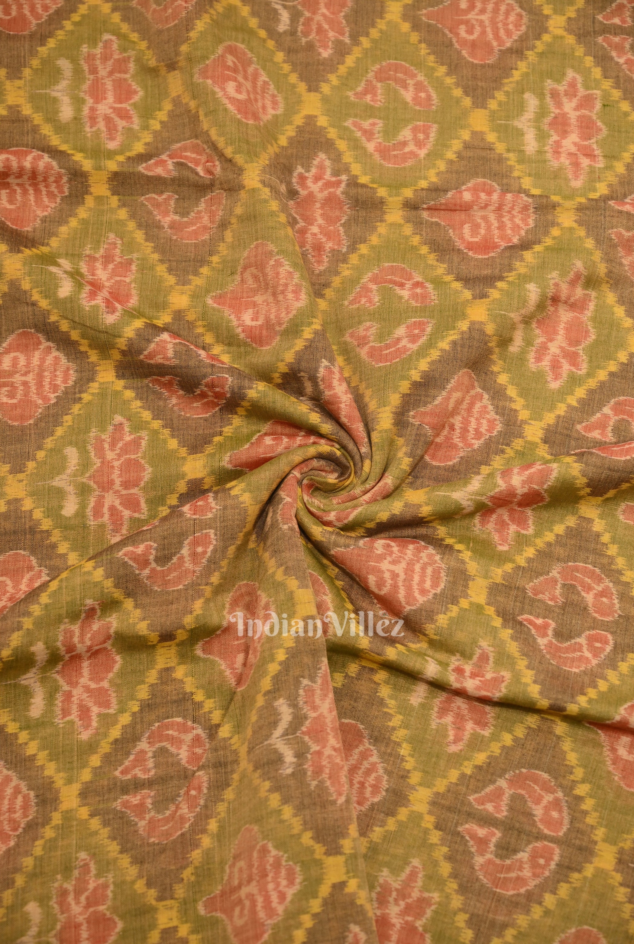 IndianVillèz Mehendi Green Laxmi Pada & Shankha Theme Sambalpuri Cotton Fabrics
