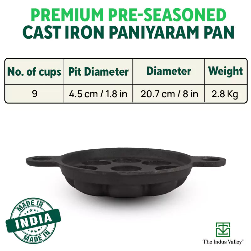 The Indus Valley Super Smooth 9 Pit/Cup Cast Iron Paniyaram/Appe Pan+ Free Spatula, Pre-seasoned, Natural Nonstick, 100% Pure, Toxin-free, 21 cm, 2.8k - view 3