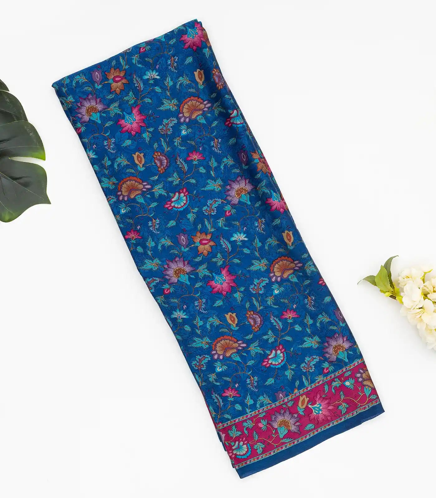 RmKV Blue Woven Digital Printed Satin Silk Saree With Floral Motifs