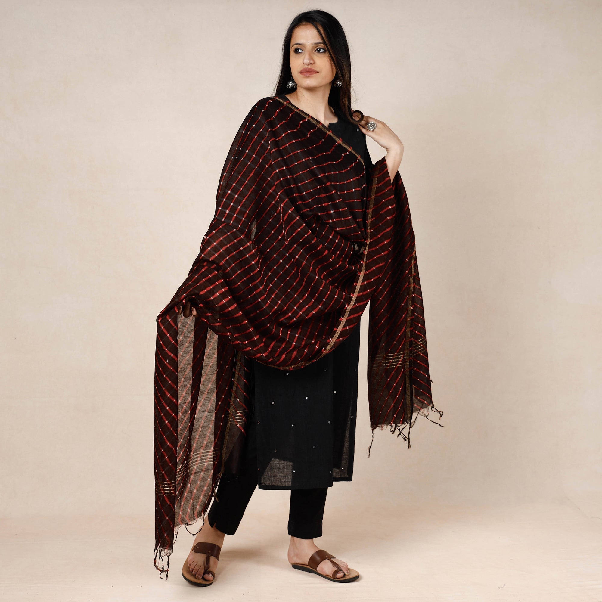LEHARIYA BY BADSHAH MIYAN Brown - Leheriya Tie-Dye Mothra Chanderi Silk Dupatta with Tassels - view 2