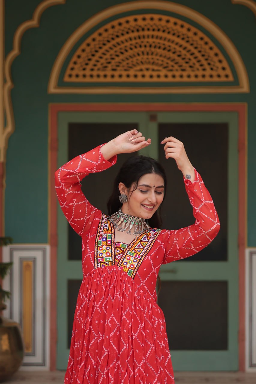 ClothsVilla Red Bandhani Print Faux Georgette Gown with Kutchi Patchwork - view 2