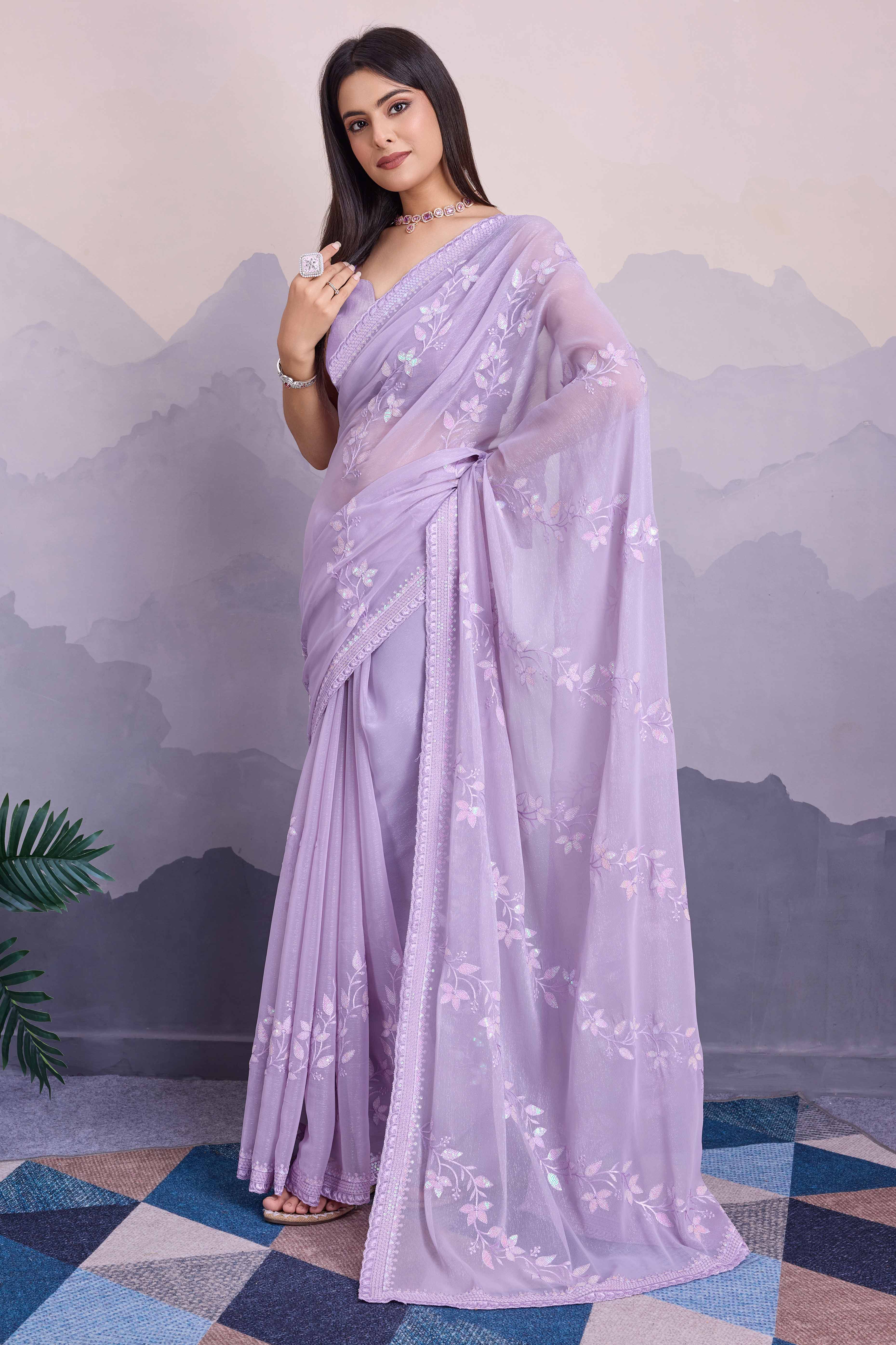 Peachmode Light Purple Floral Sequins Embroidered Chiffon Saree