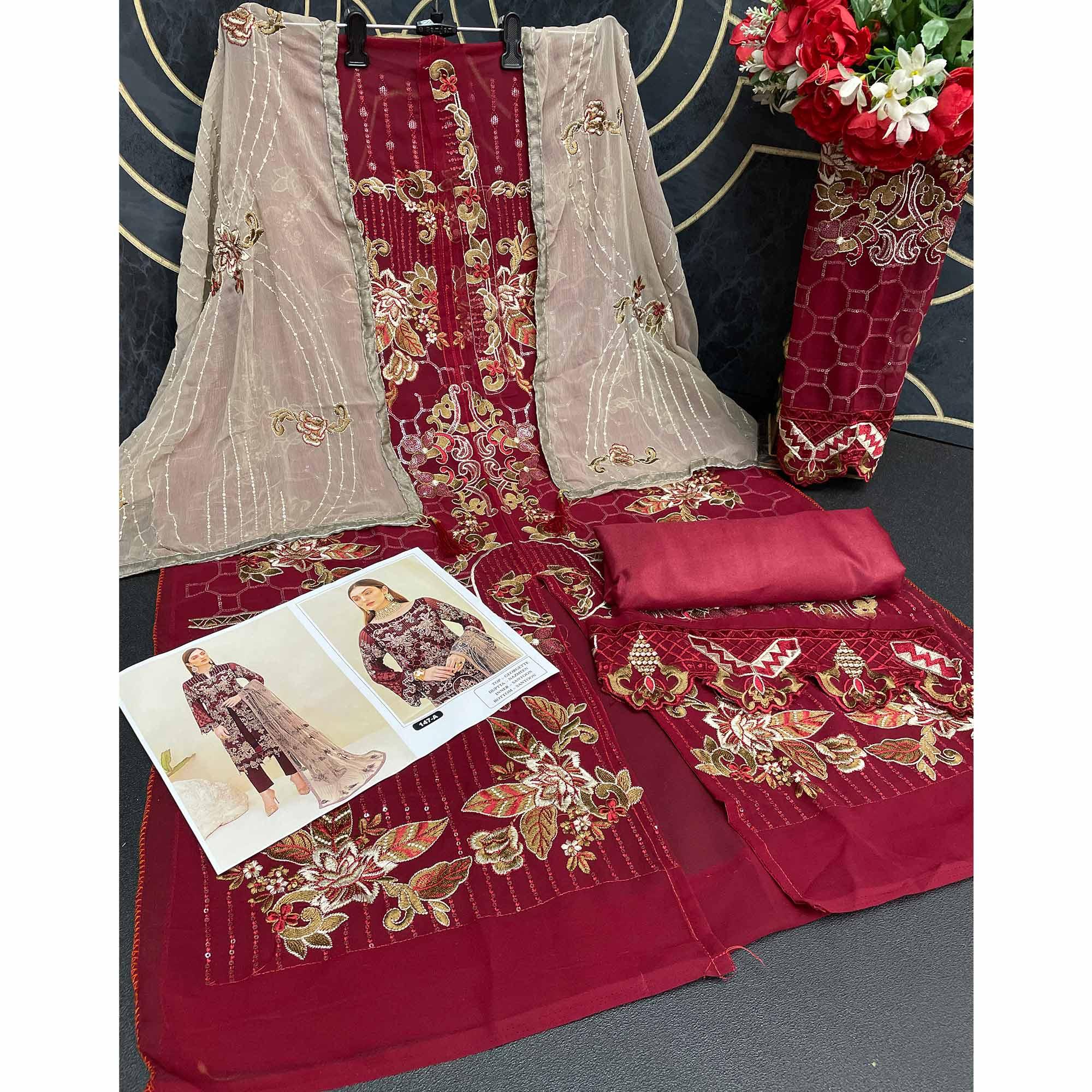 Peachmode Maroon Embroidered Georgette Pakistani Suit - view 5
