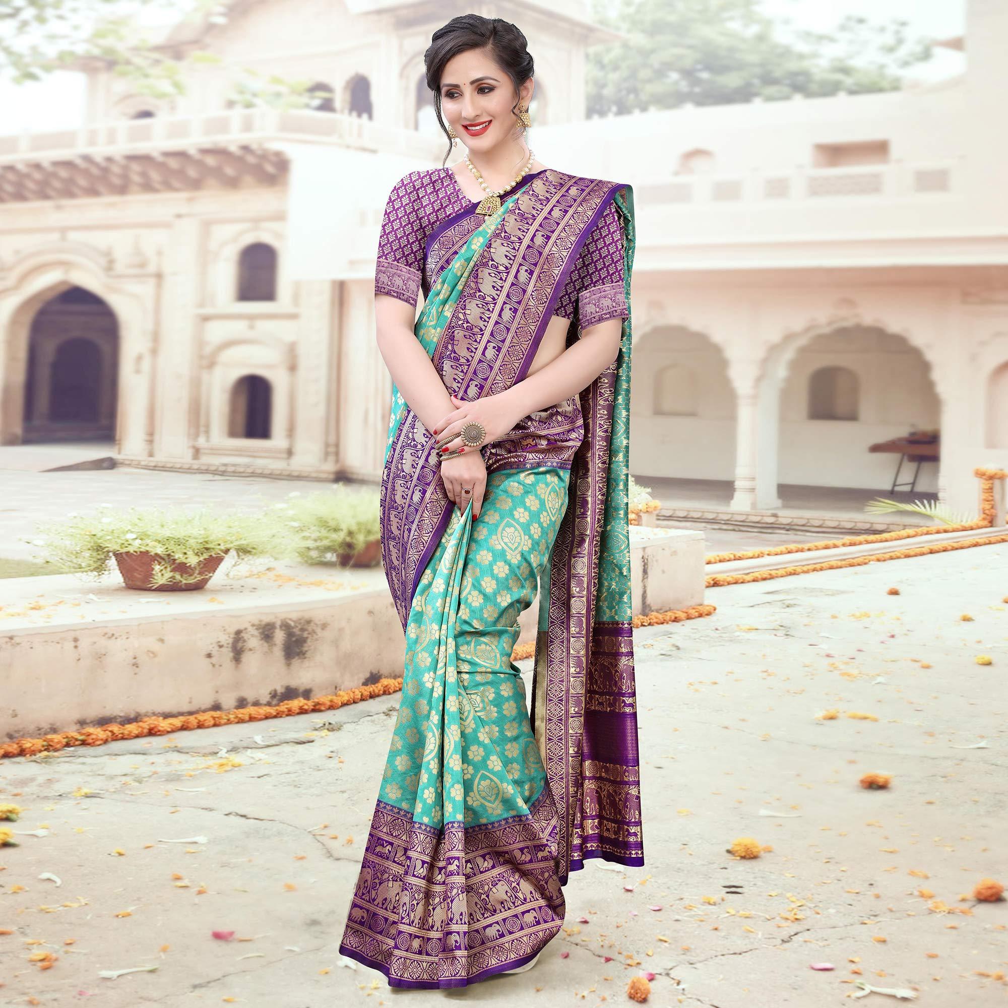 Peachmode Elegant Green Colored Festive Wear Woven Heavy Banarasi Silk Saree