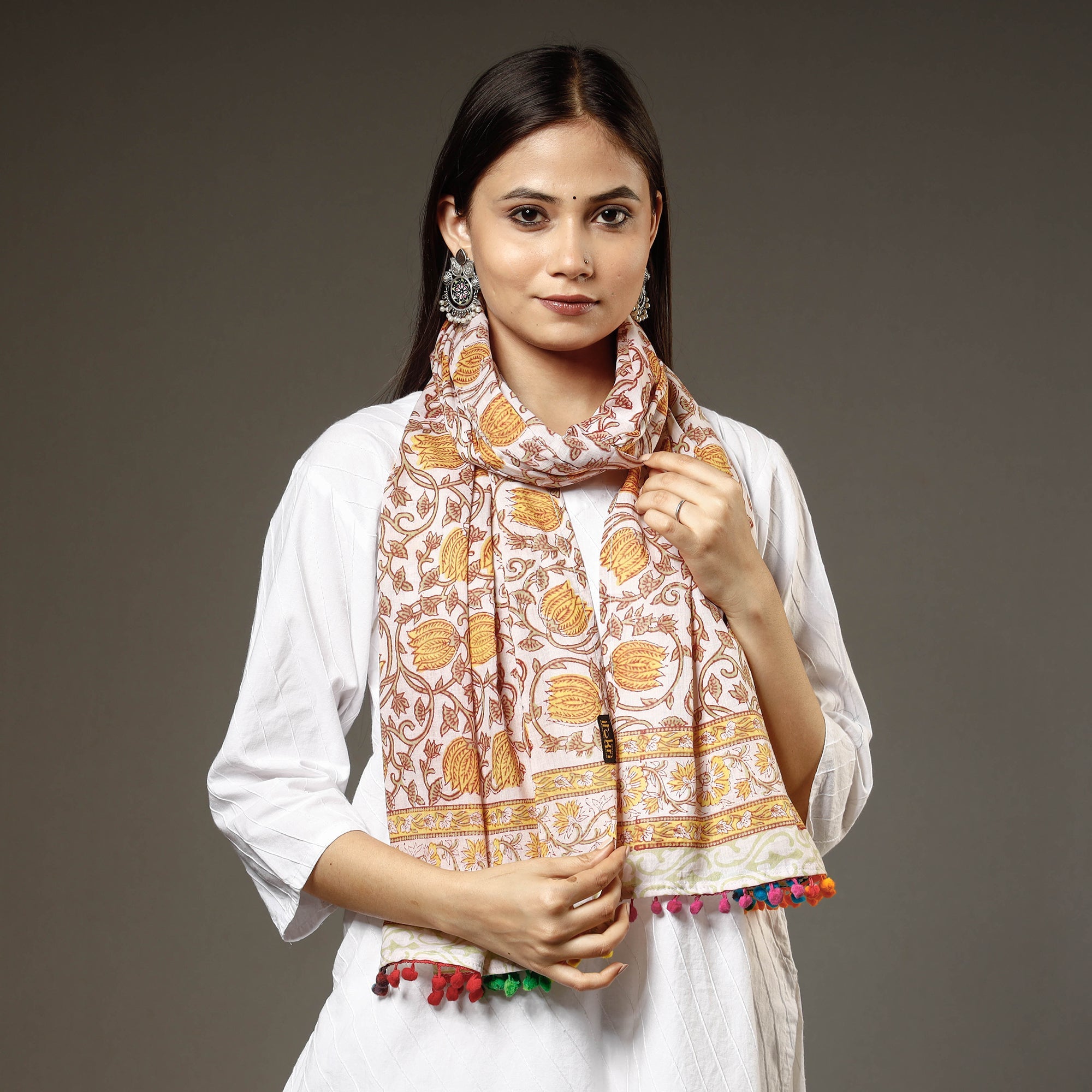 NOORI BAZAR Brown - Sanganeri Block Print Cotton Stole with Pom Pom 11