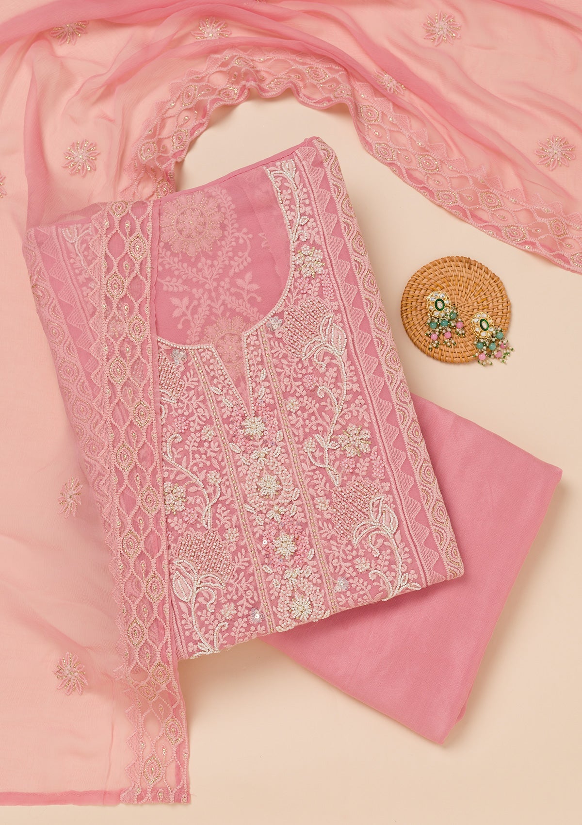Koskii Pink Chikankari Georgette Unstitched Salwar Suit