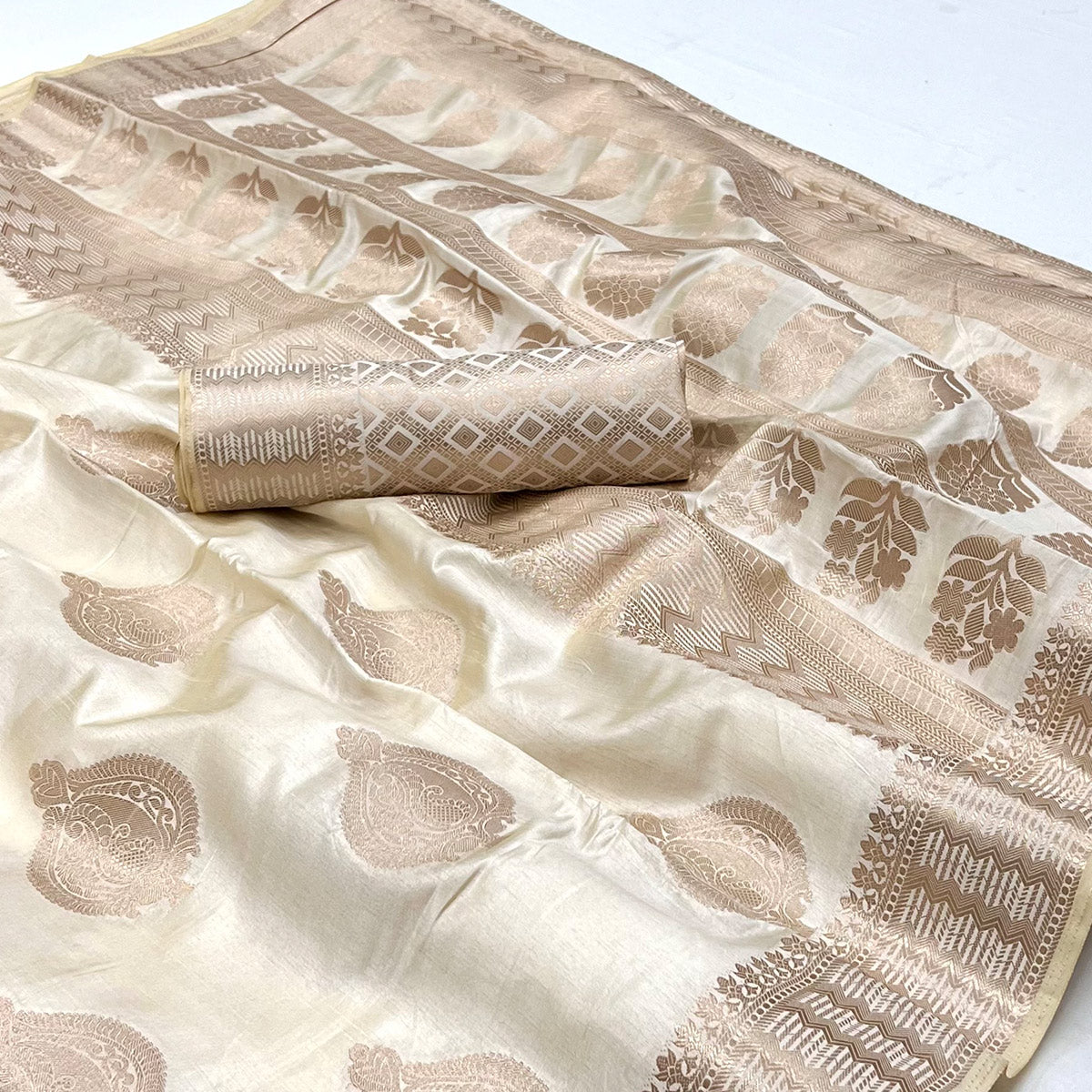 Peachmode Cream Woven Raw Silk Saree – Women's - view 2