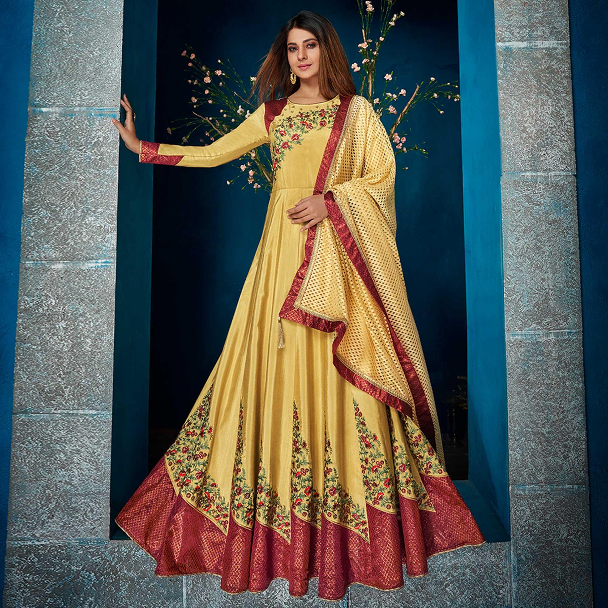Peachmode Seller Groovy Yellow Colored Party Wear Floral Embroidered Satin Silk Anarkali Suit