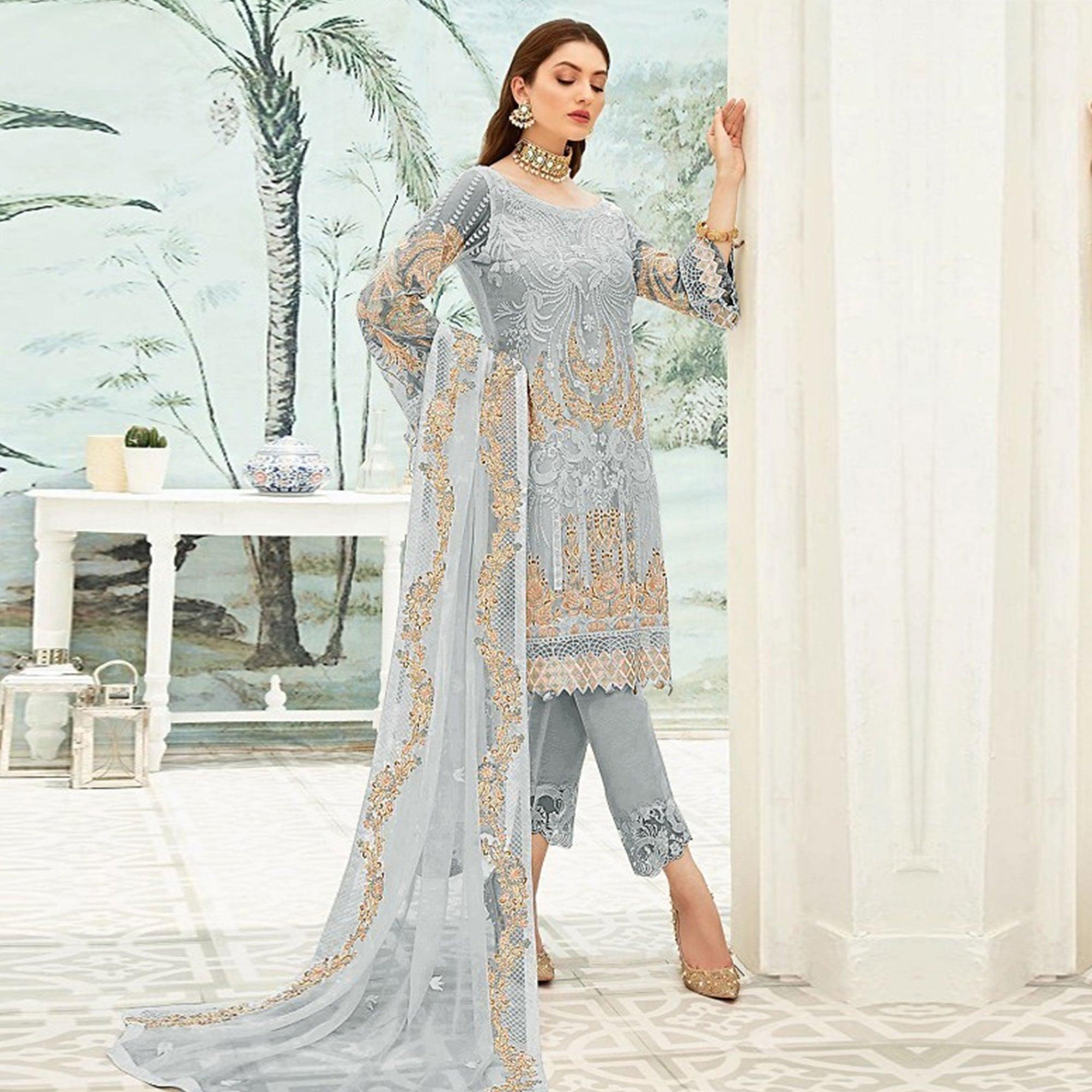 Grey salwar suits – BlackTree grey-party-wear-floral-embroidered-georgette-straight-salwar-suit-111893