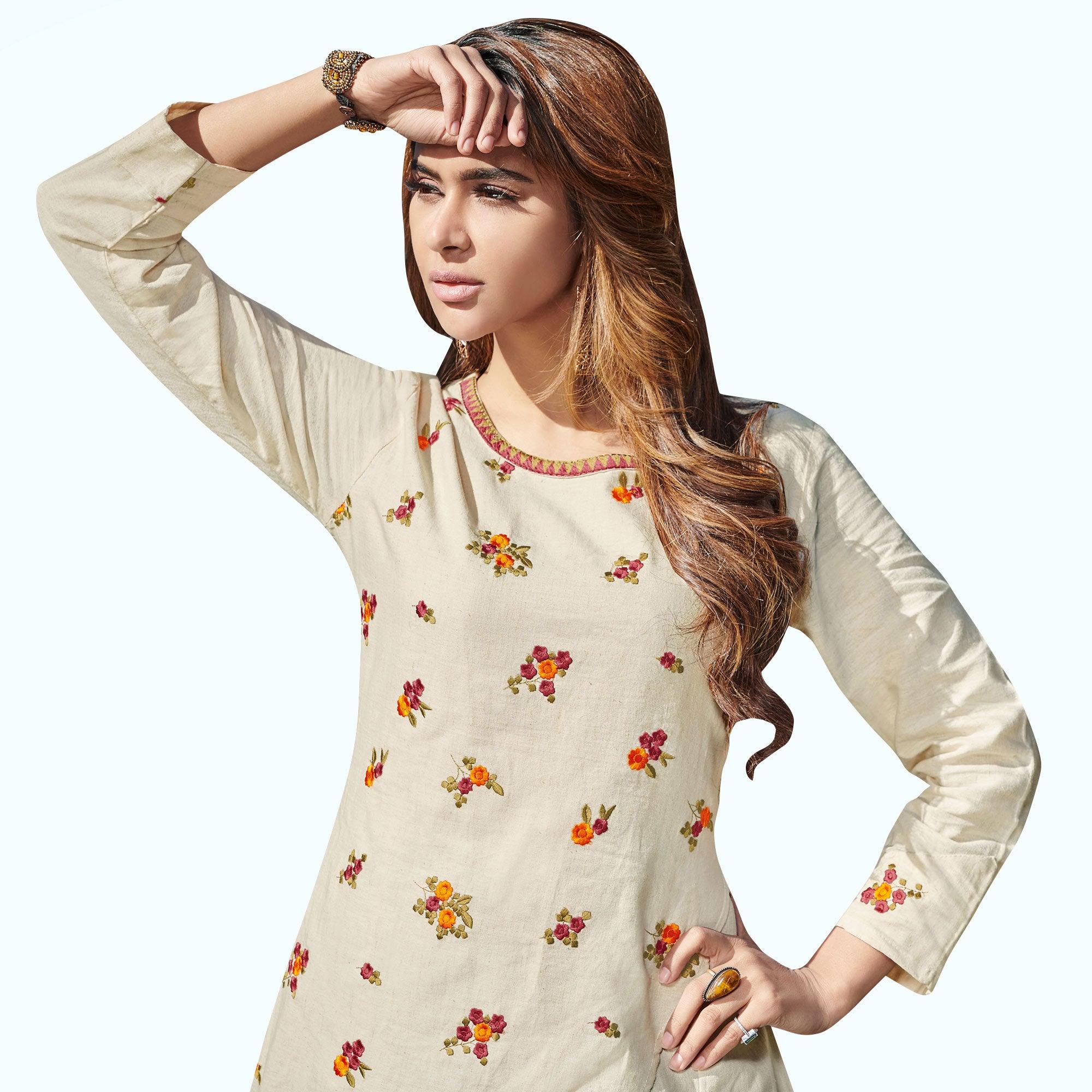 Peachmode Seller Hypnotic Off White Colored Partywear Embroidered Rayon Kurti - view 2