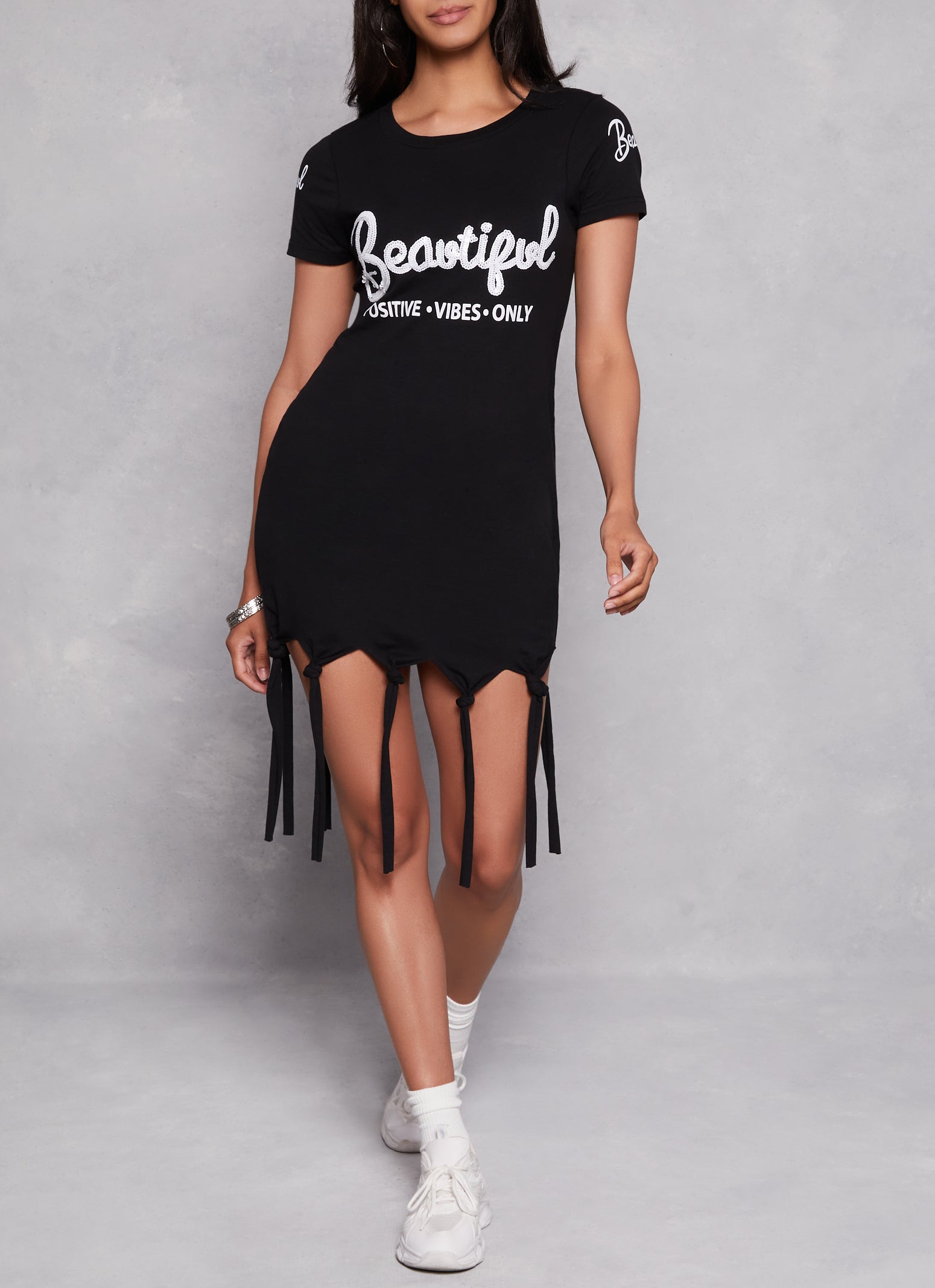 Rainbow Shops Sequin Beautiful Positive Vibes Only Fringe T Shirt Dress - view 2