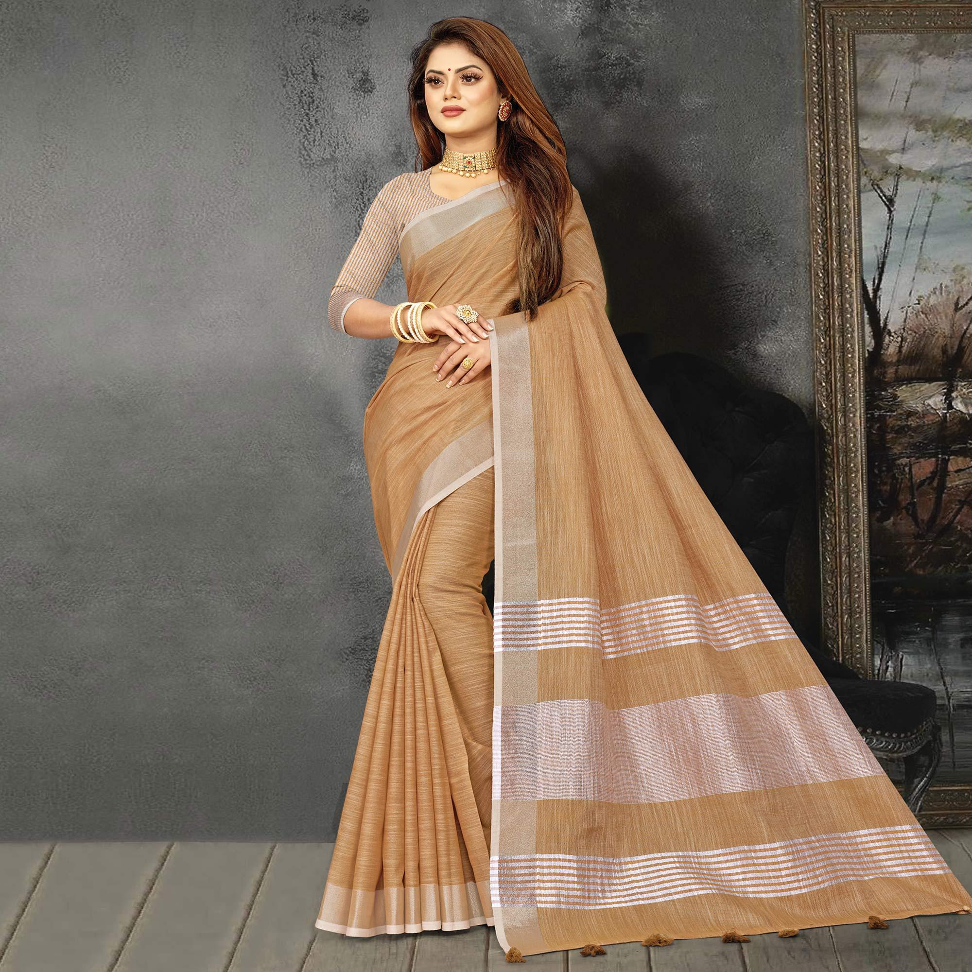 Peachmode Brown Festive Wear Solid Linen Saree
