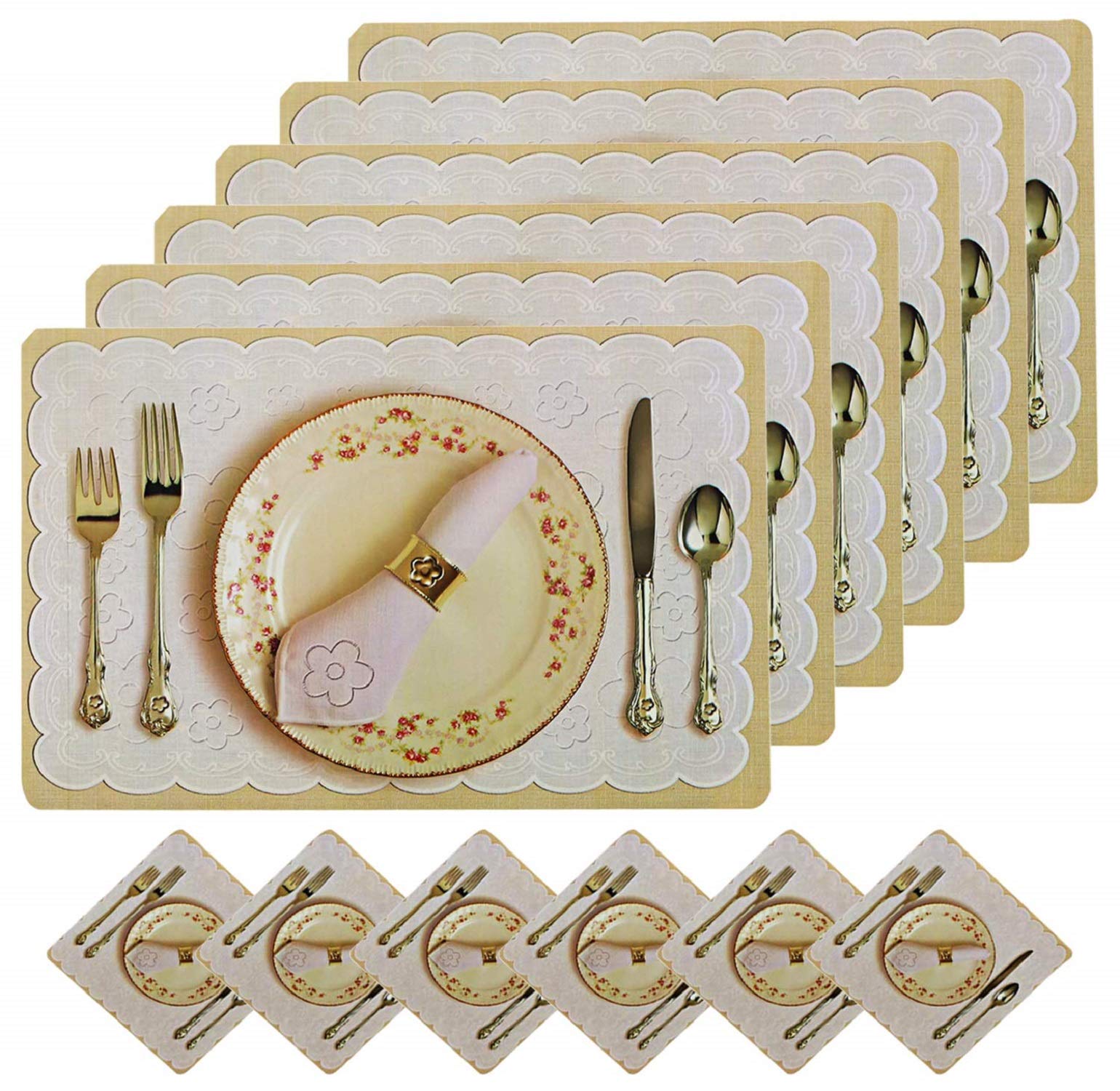 Kuber Industries Flower Pot Design PVC 6 Piece Dining Table Placemat Set with Tea Coasters (Yellow)