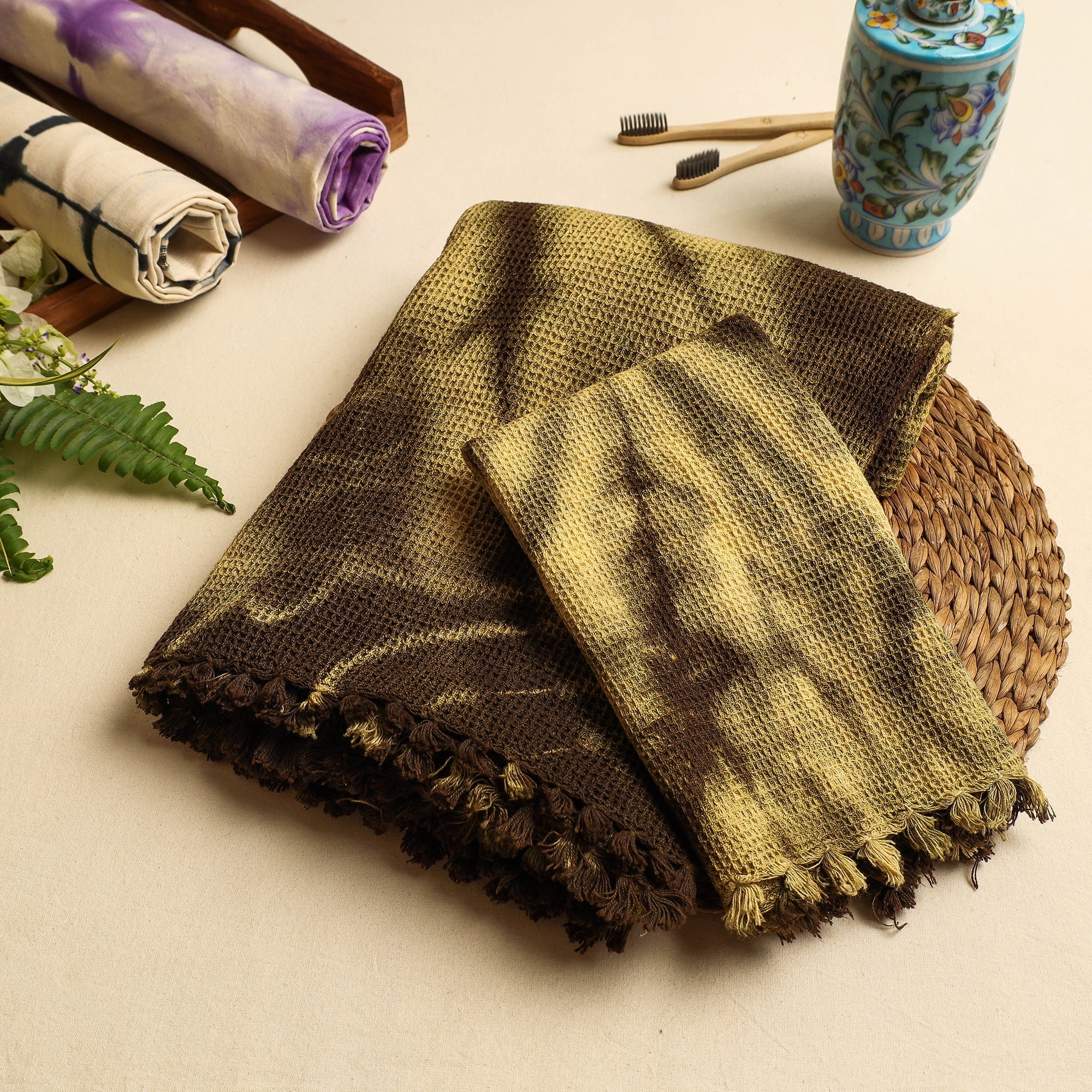 CHHATTISGARH HASTSHILP VIKAS BOARD Brown - Pure Handloom Tie-Dye Cotton Towel & Napkin Set