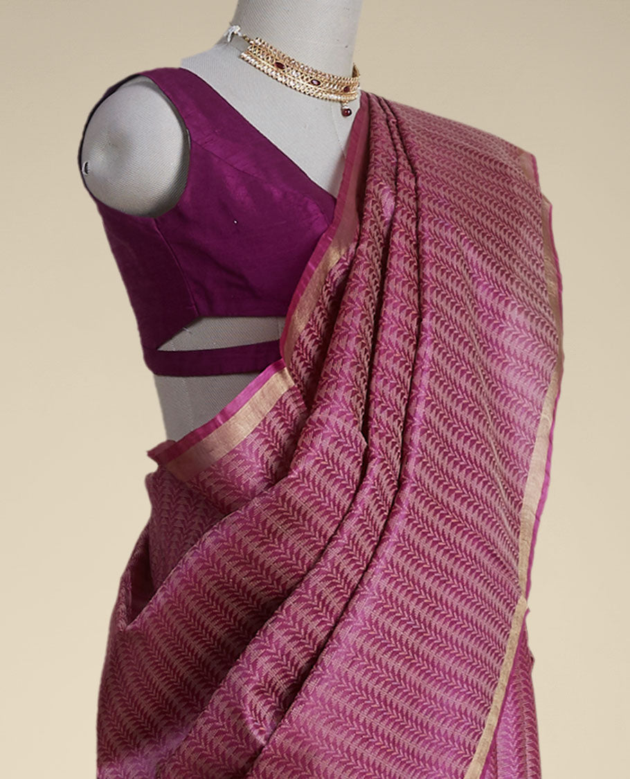 Pothys Red leaf vine design tussar silk saree with self zari design border