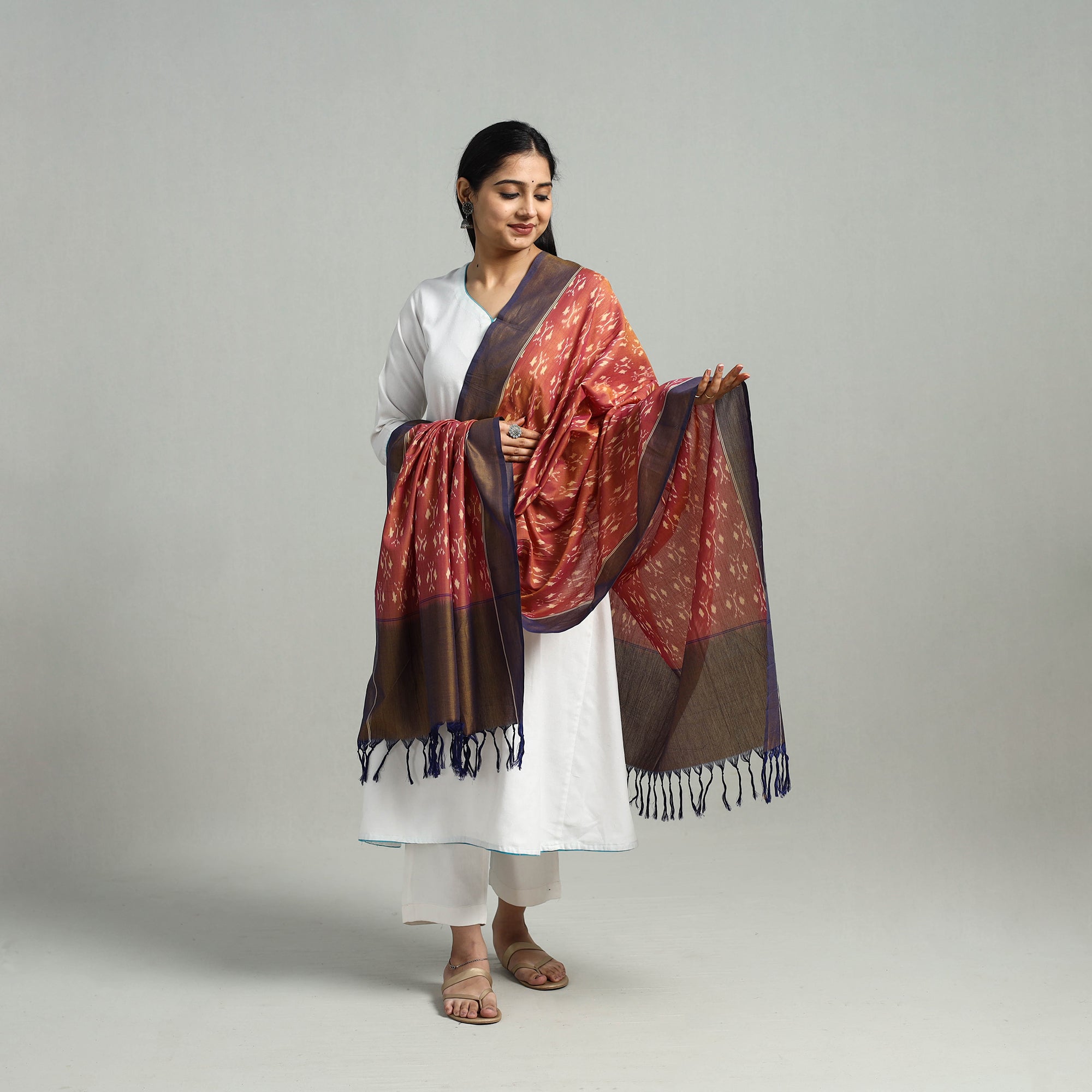 itokri crafts initiative Brown - Handloom Mercerized Cotton Pochampally Ikat Dupatta 04 - view 2