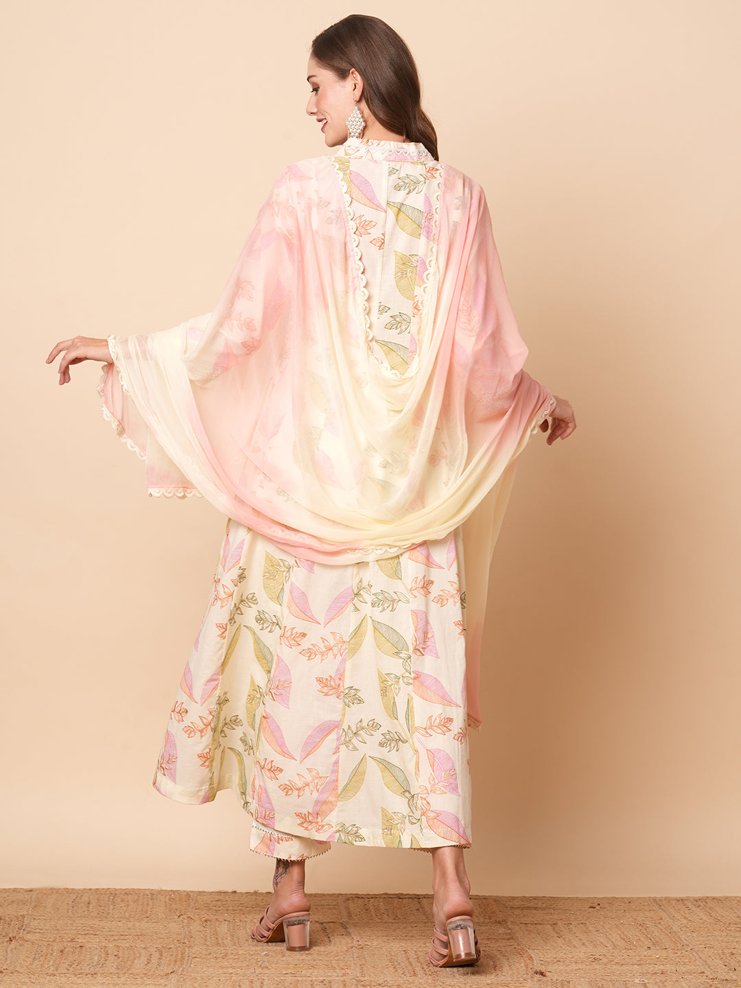 Fashor Abstract Floral Printed & Embroidered Anarkali Kurta with Pant & Dupatta - Off White - view 5