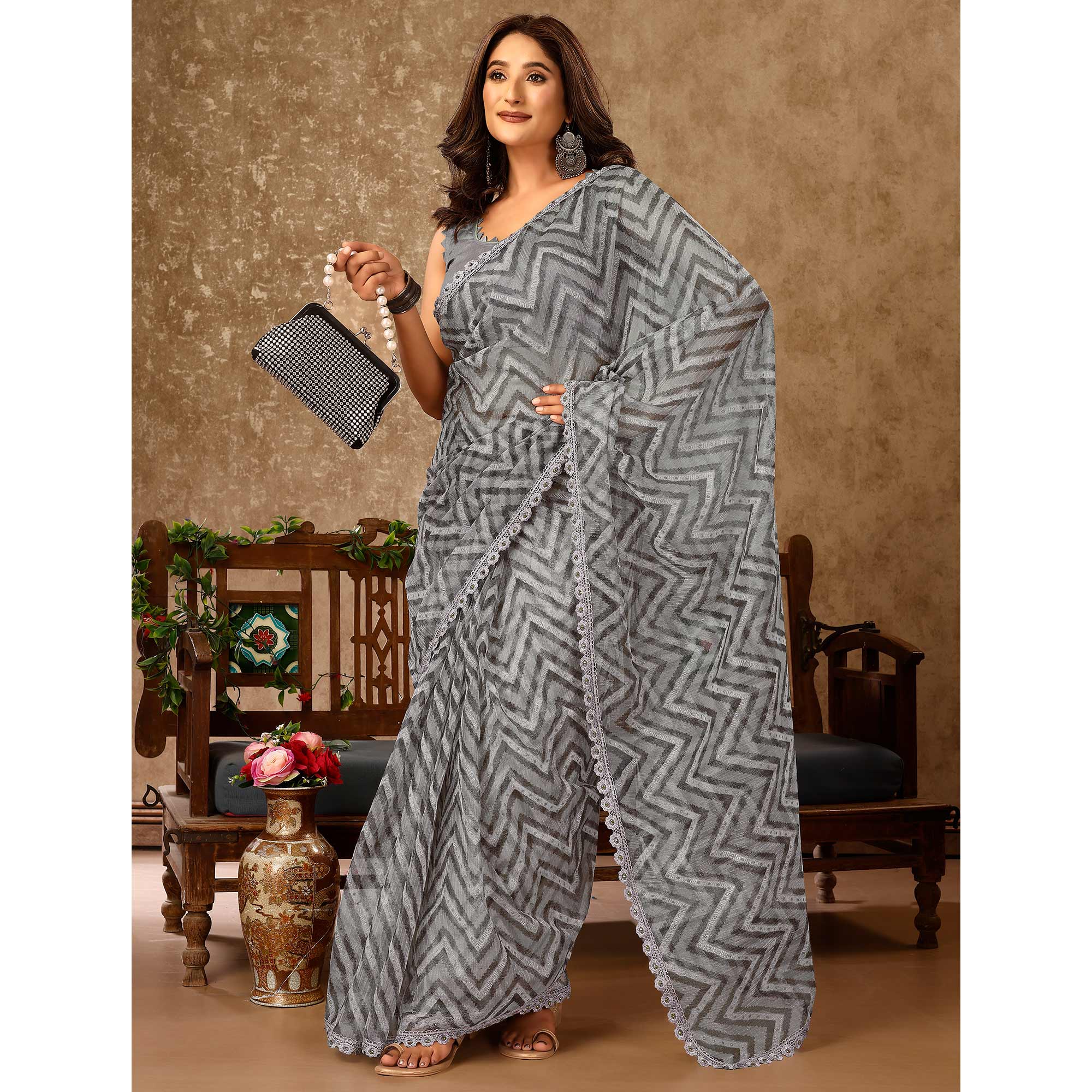 Peachmode Seller Grey Zig Zag Printed With Stone Work Organza Ready To Wear Saree - view 5