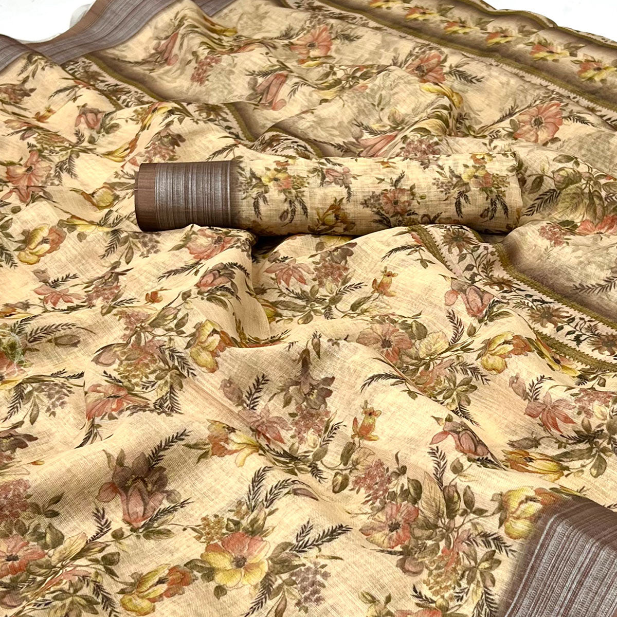 Peachmode Chikoo Digital Printed Linen Saree – Women's - view 2