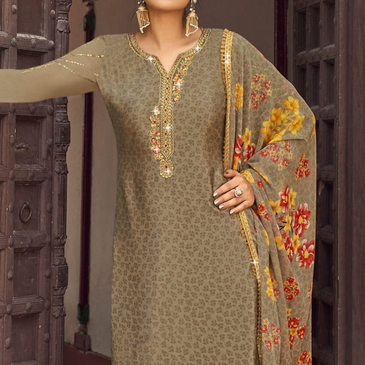 Peachmode Brown Floral Embroidered Crepe Patiala Suit - view 3