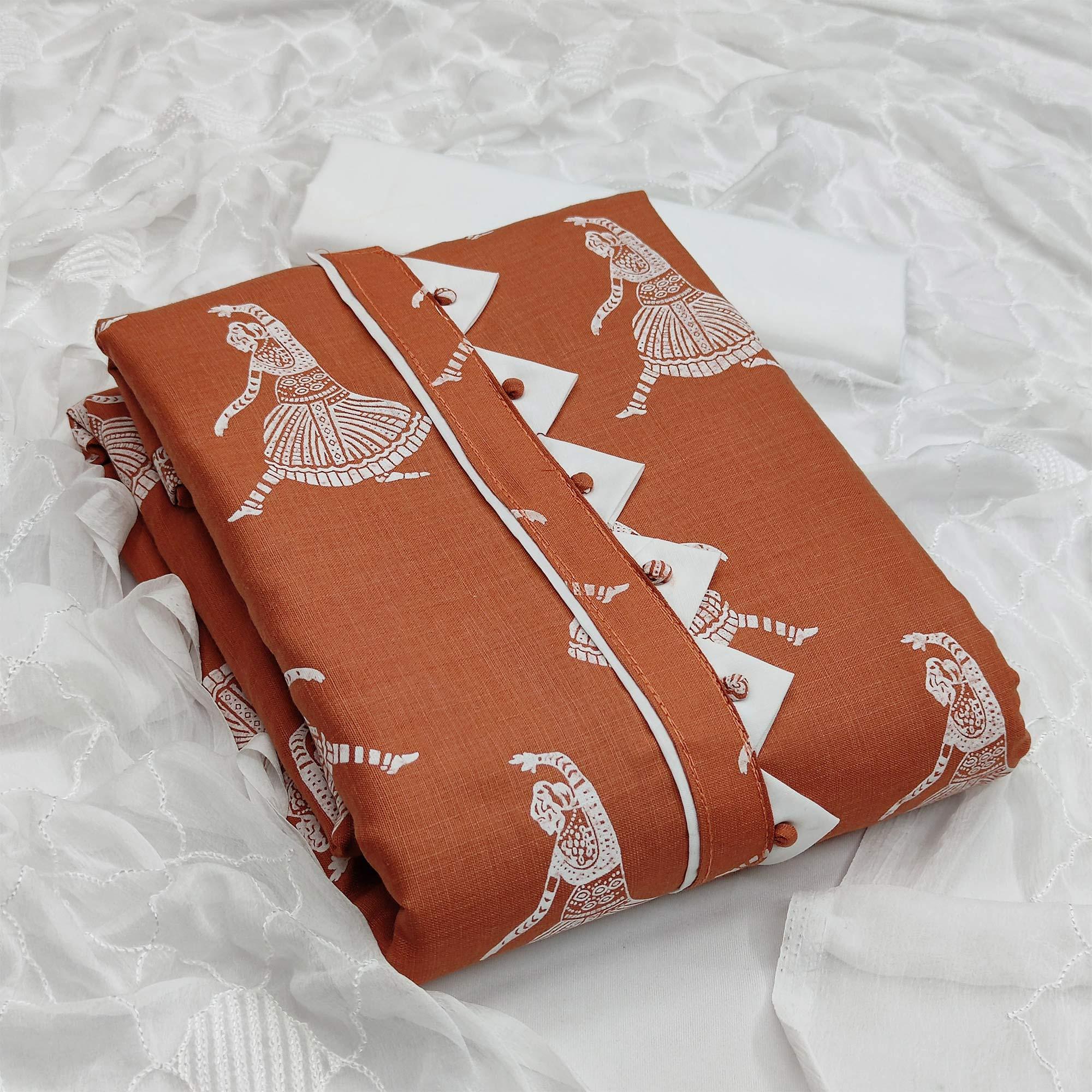Peachmode Brown Printed Pure Cotton Dress Material