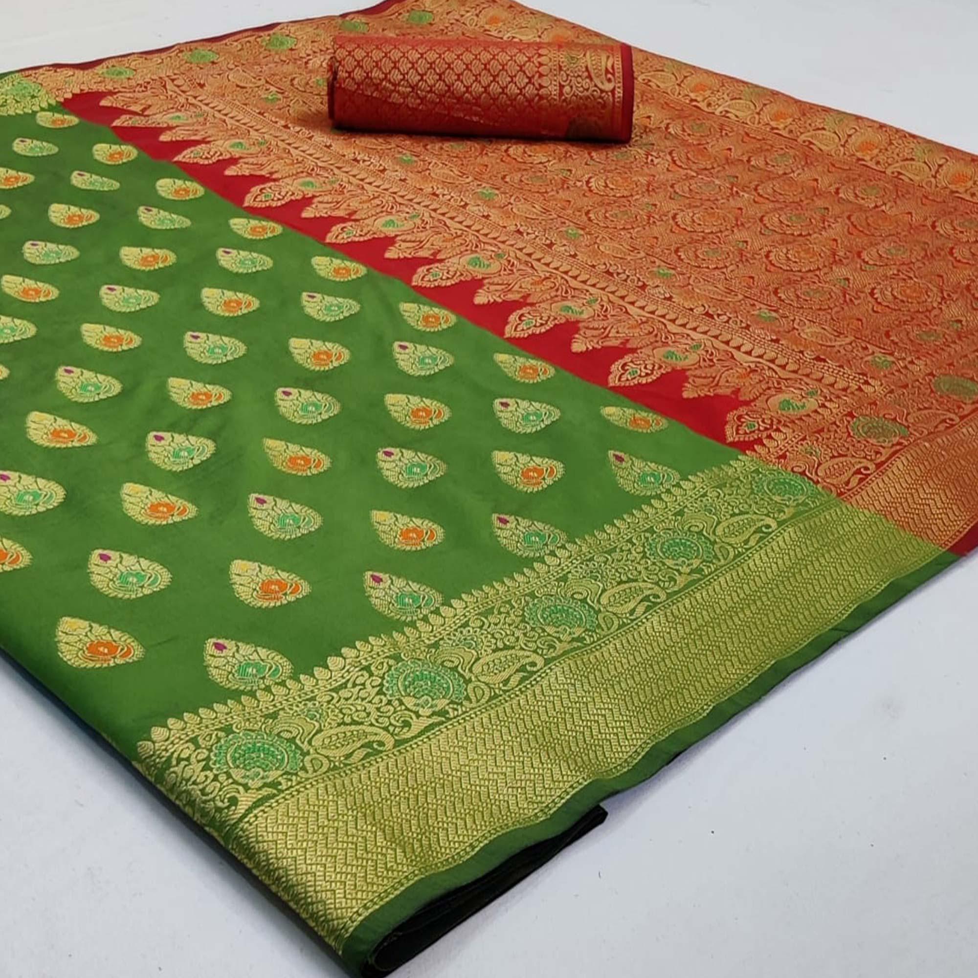 Peachmode Classy Green Colored Festive Wear Woven Silk Saree