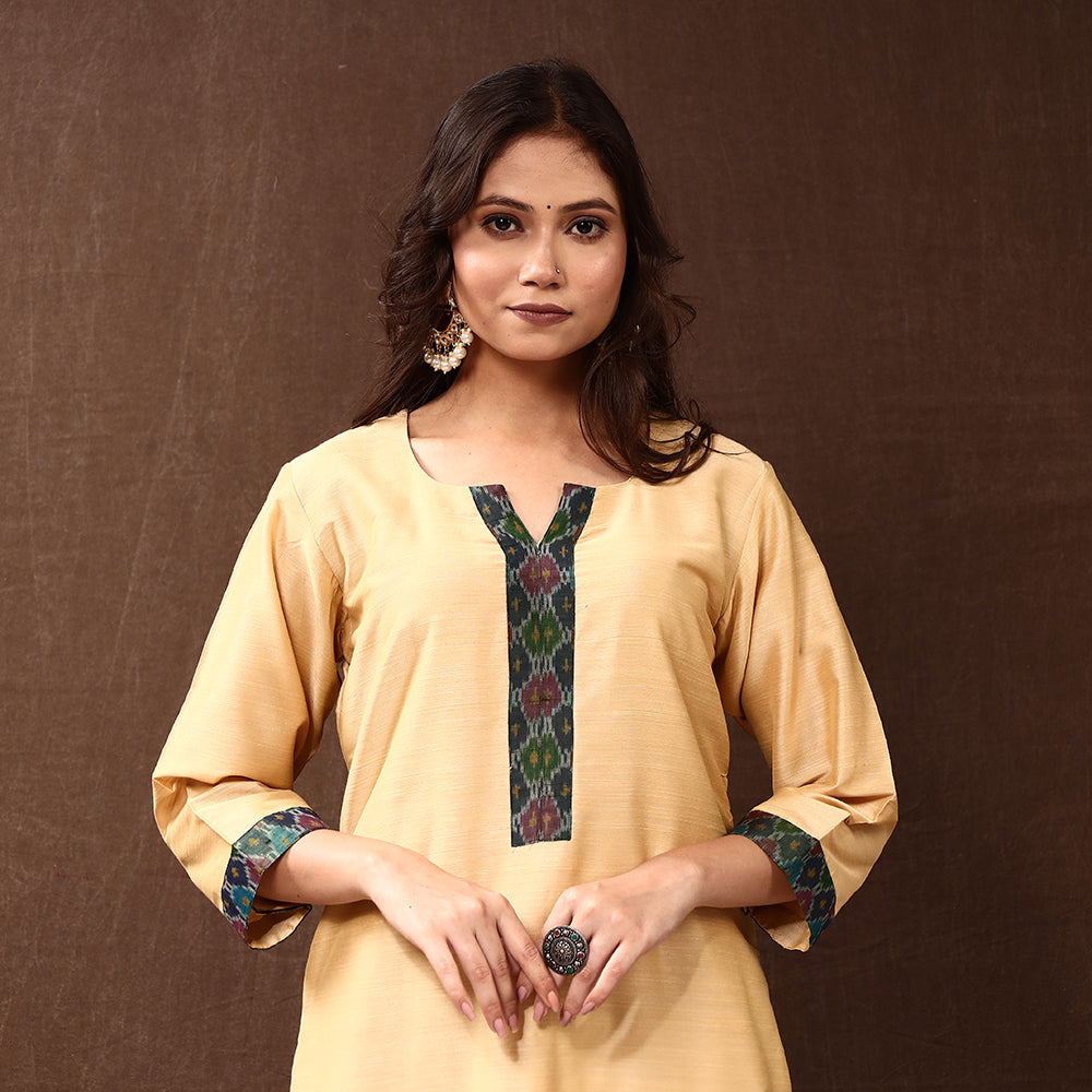 ITOKRI CASUALS Beige - Cream - Silk Plain Long Straight Kurta